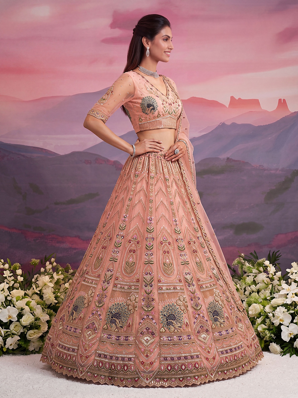 Peach Sequin Jari Thread Net Bridal Lehenga Choli