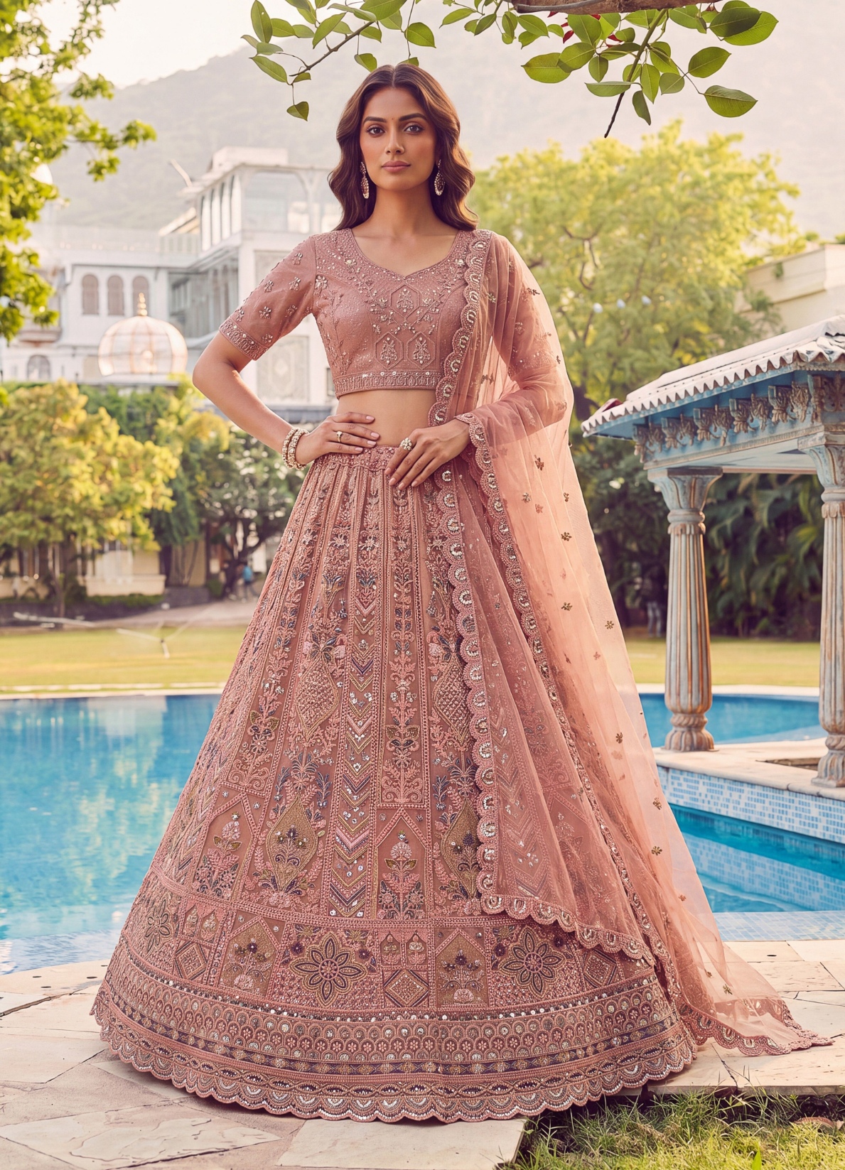 Peach Sequinsed Net Lehenga Choli
