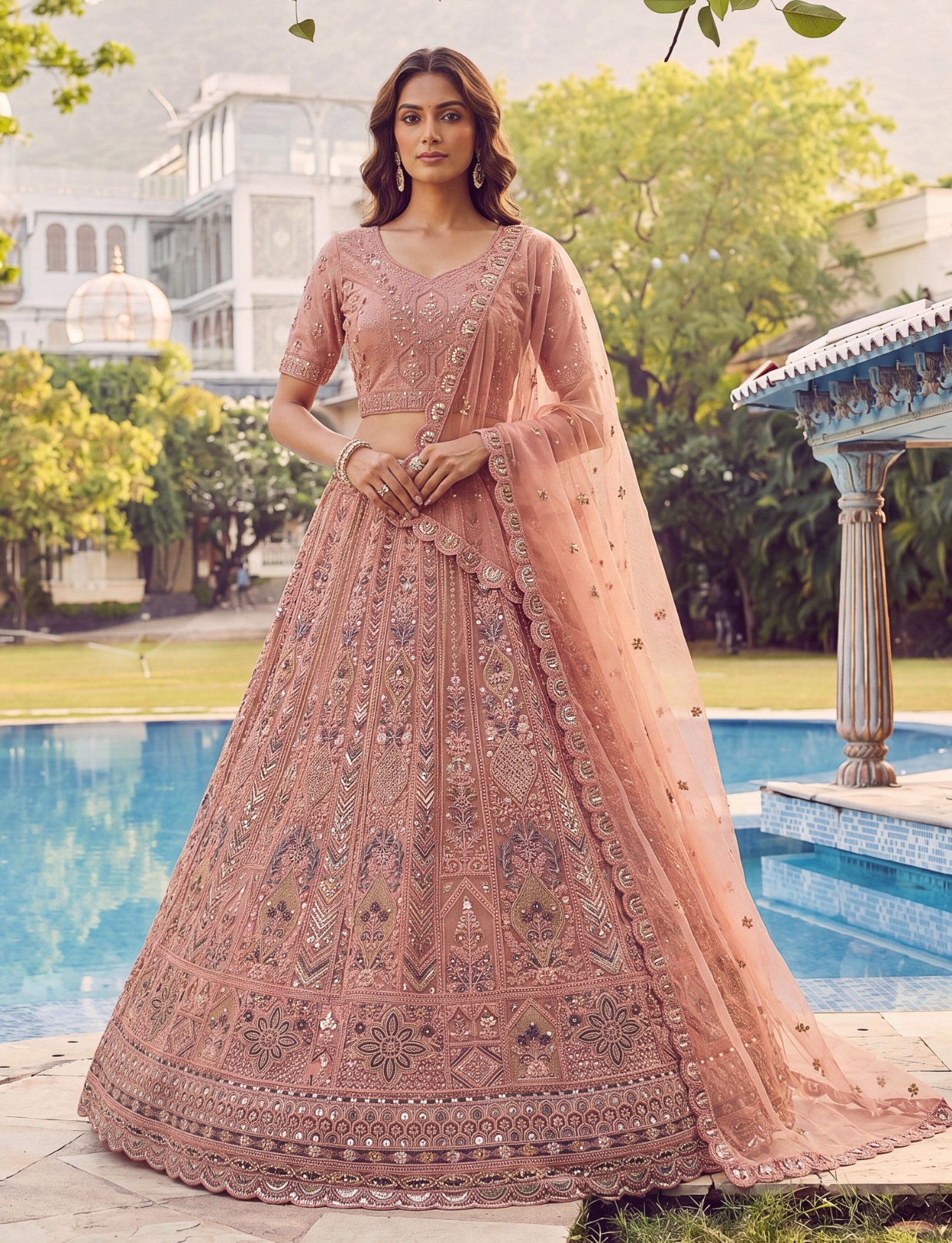 Peach Sequinsed Net Lehenga Choli