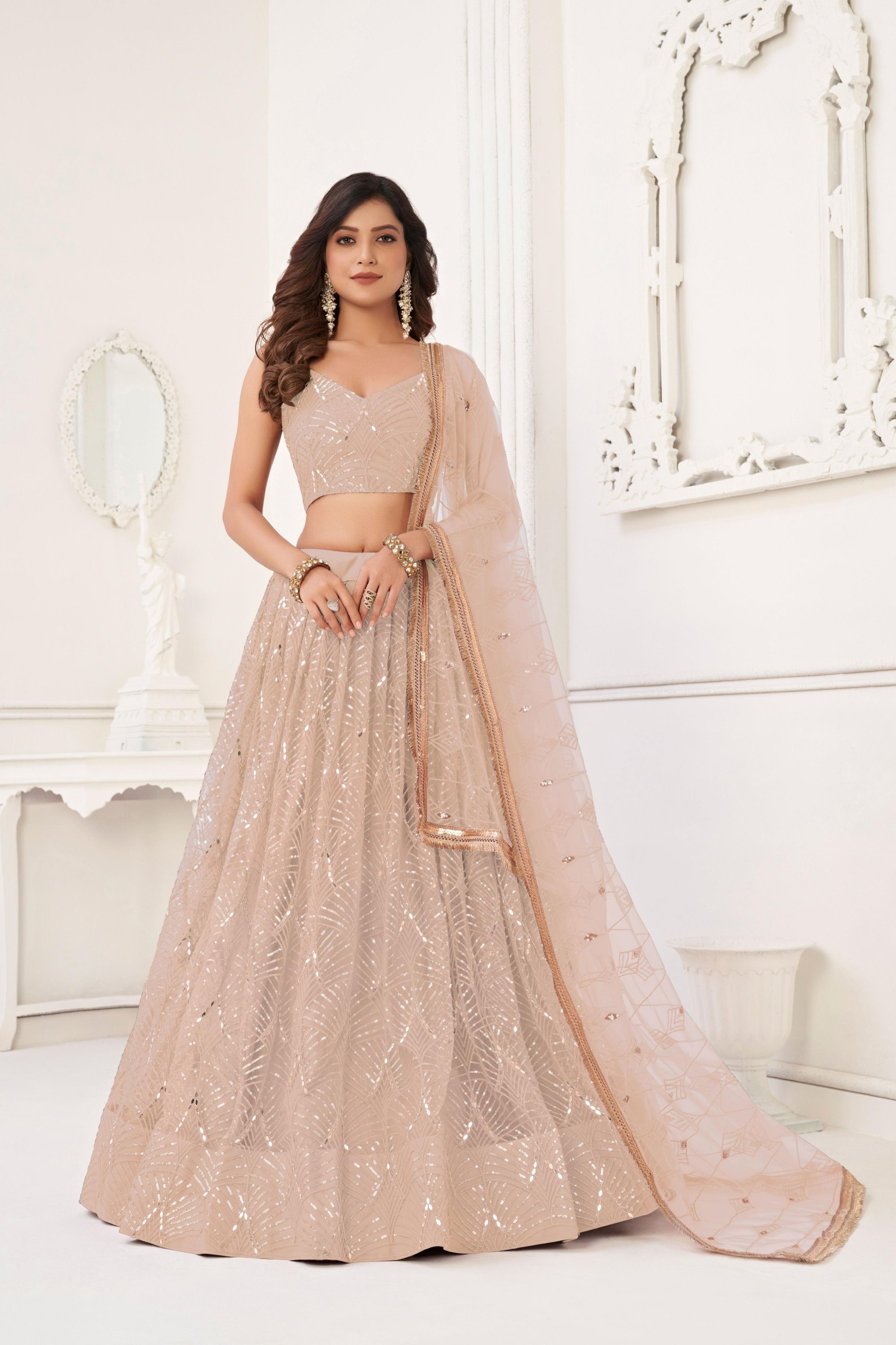 Peach Sequins Embroidered Butterfly Net Lehenga Choli