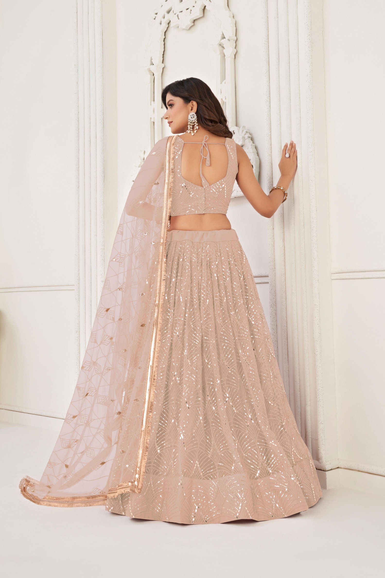 Peach Sequins Embroidered Butterfly Net Lehenga Choli — alternate view