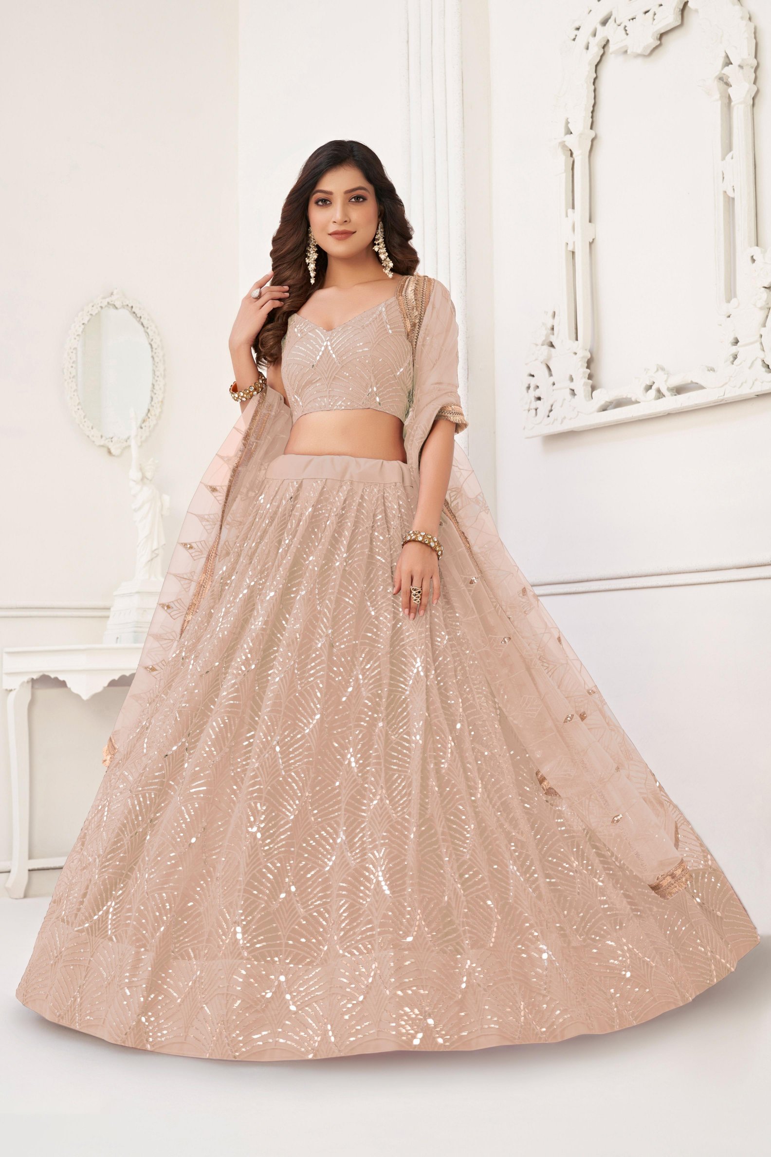 Peach Sequins Embroidered Butterfly Net Lehenga Choli