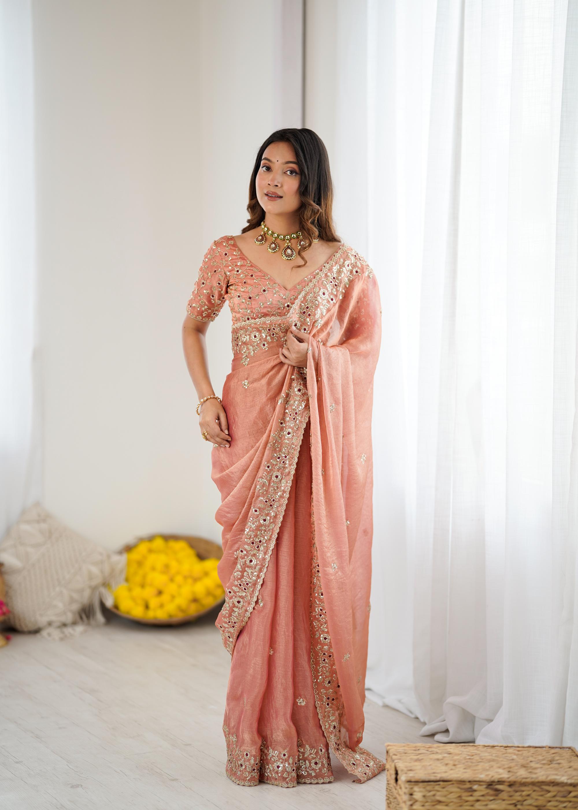 Peach Sequins Embroidered Fendi Chiffon Saree