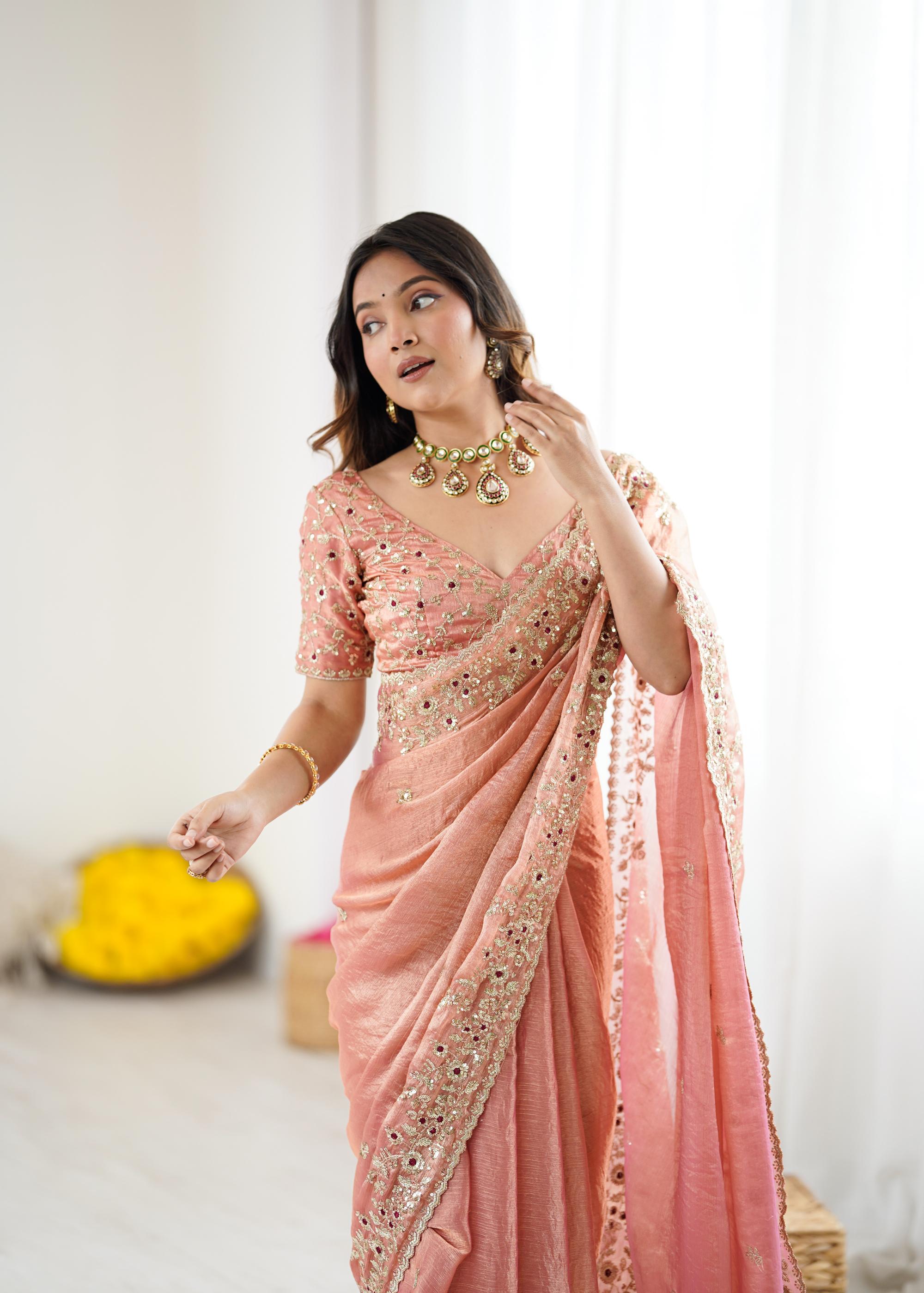 Peach Sequins Embroidered Fendi Chiffon Saree — alternate view