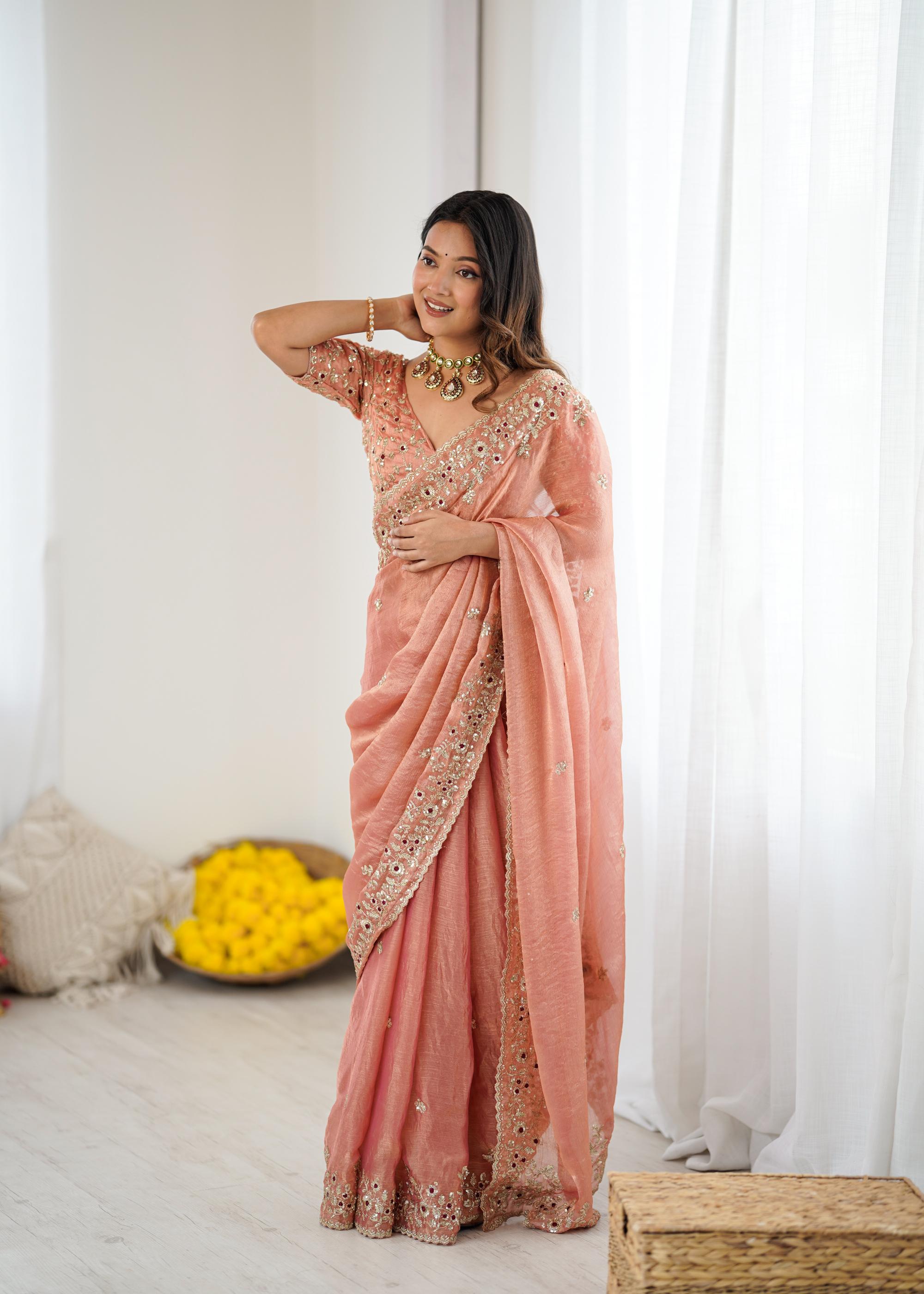 Peach Sequins Embroidered Fendi Chiffon Saree