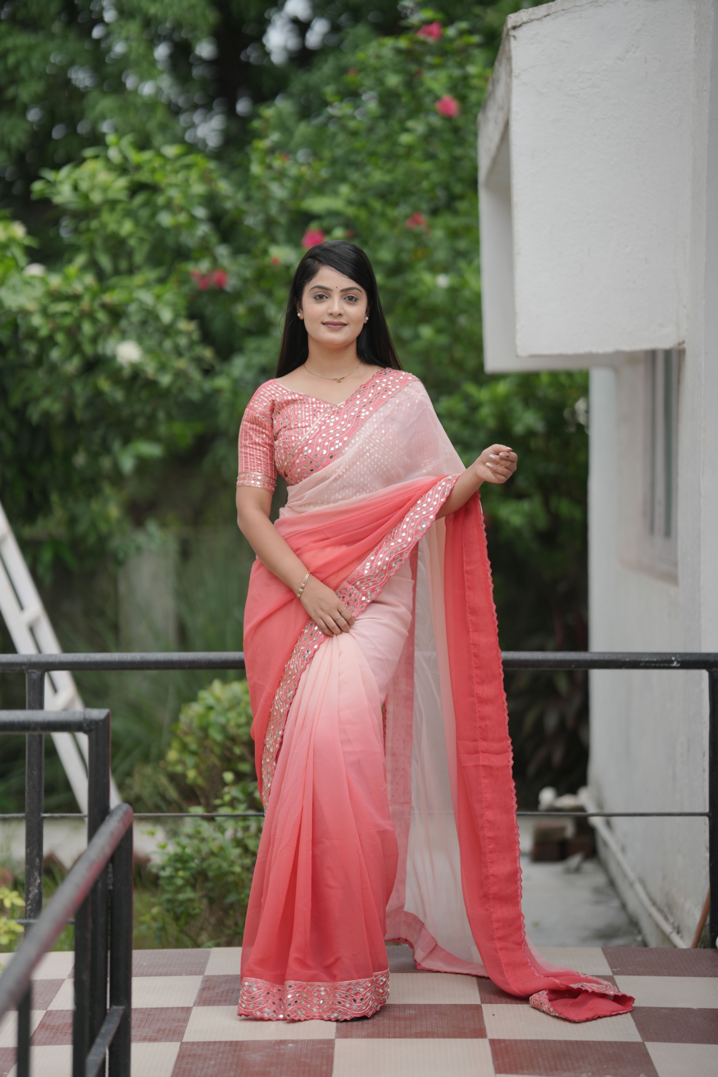 Peach Shaded Mirror Faux Georgette Saree