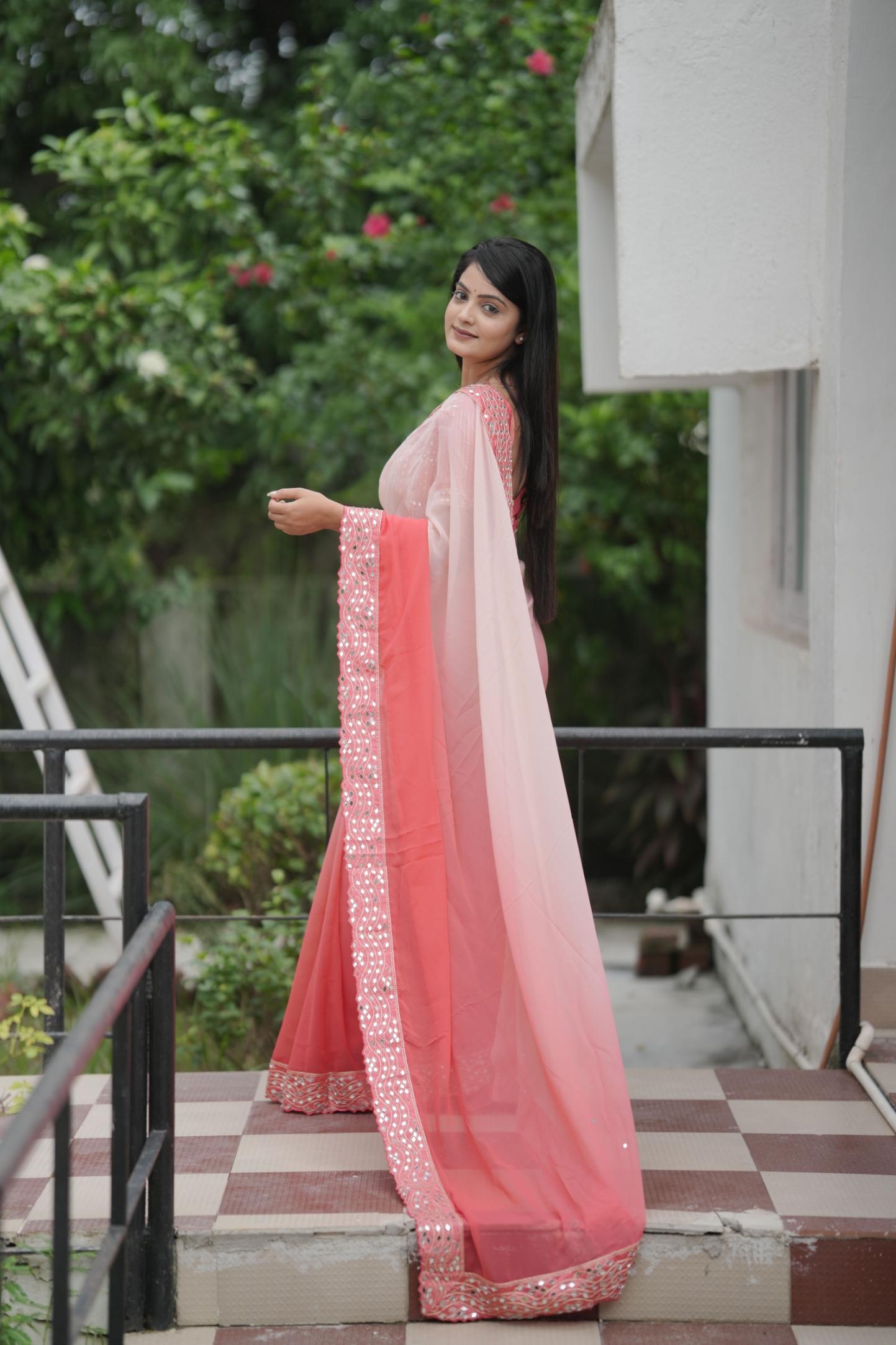 Peach Shaded Mirror Faux Georgette Saree — alternate view