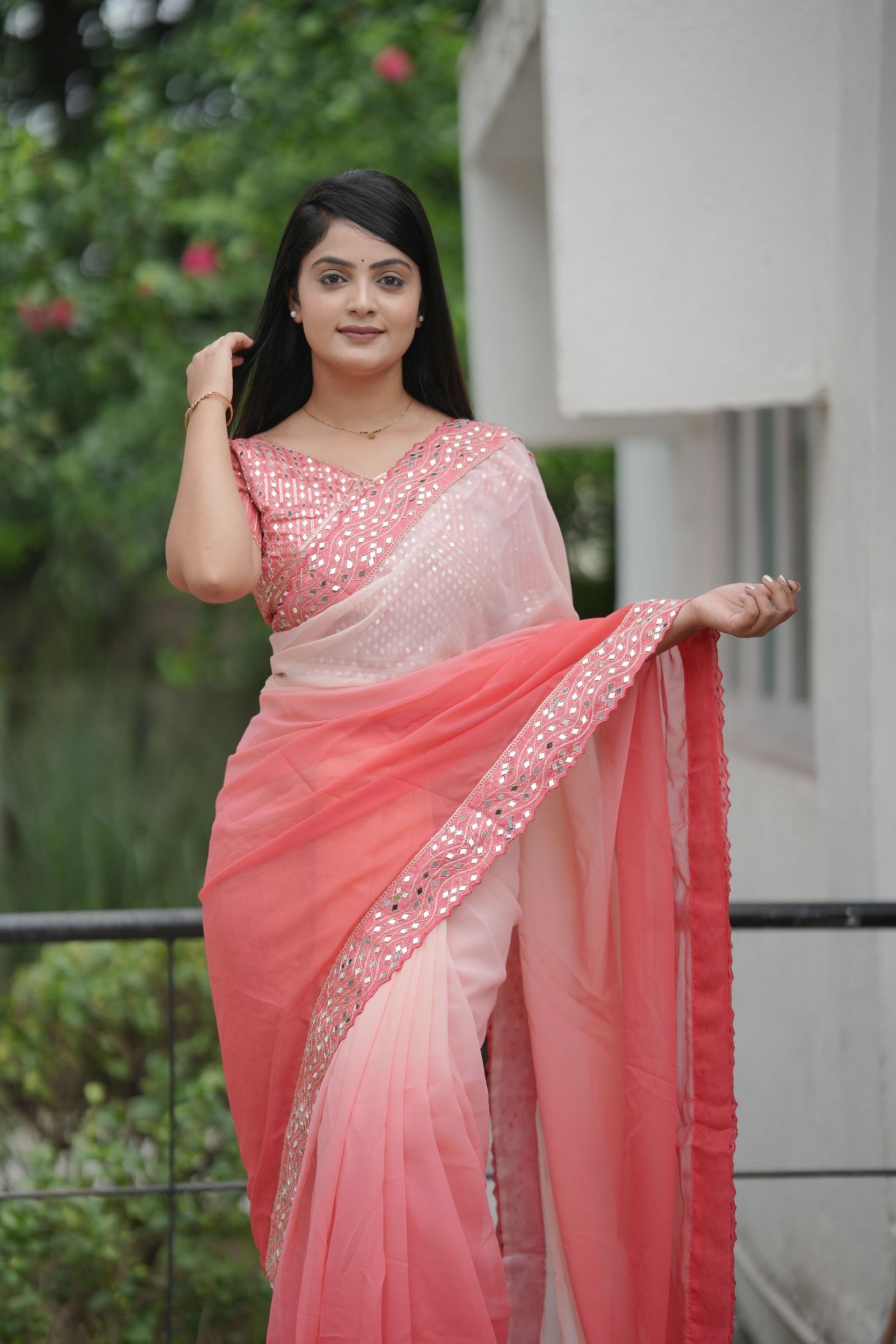 Peach Shaded Mirror Faux Georgette Saree