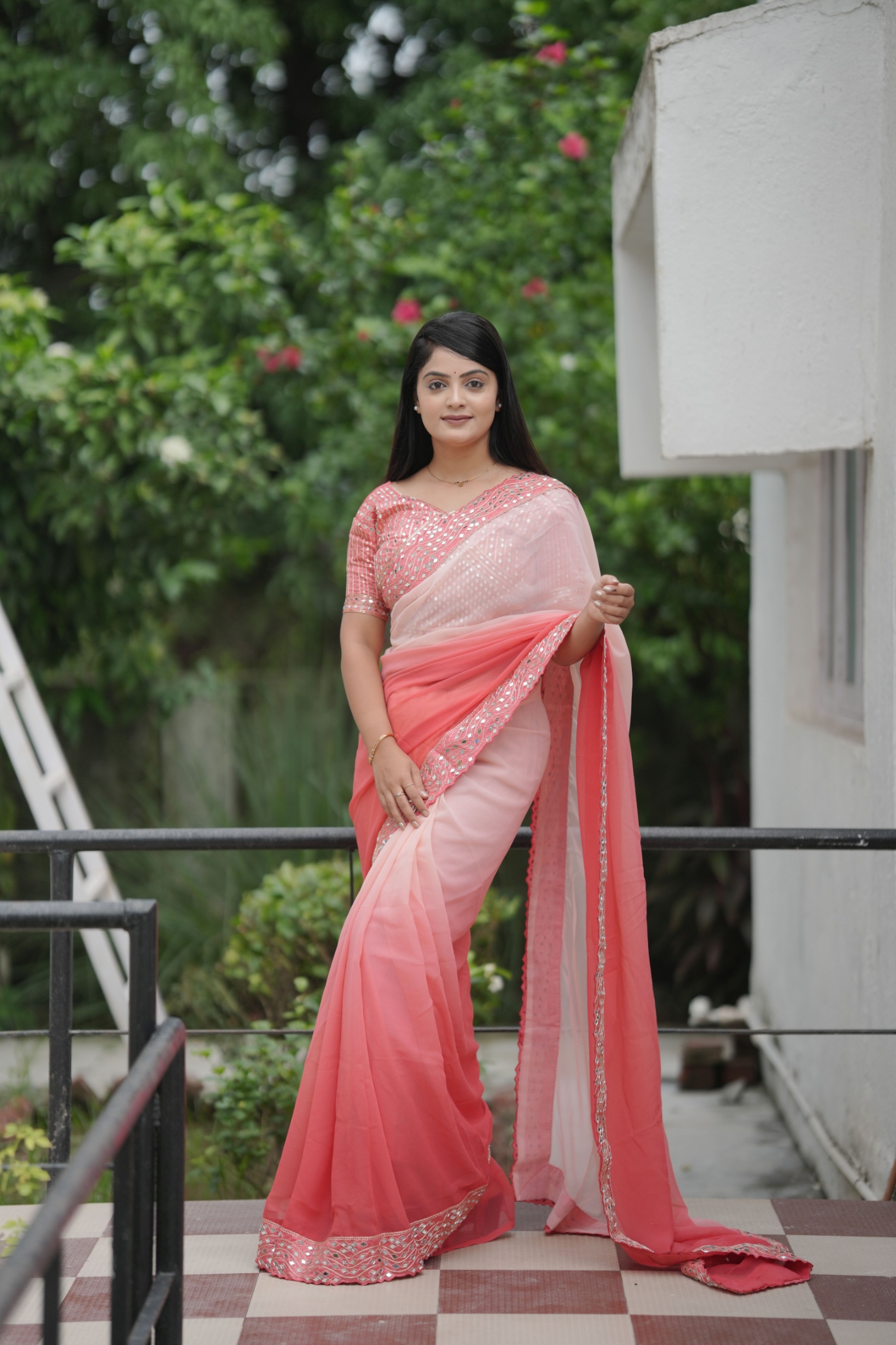 Peach Shaded Mirror Faux Georgette Saree