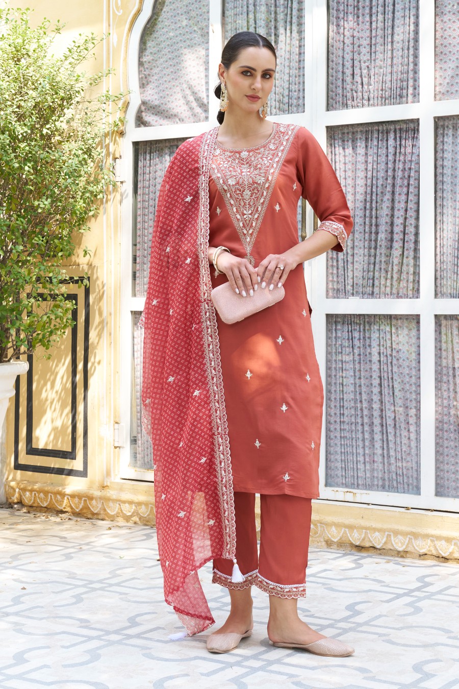 Peach Silk Blend Designer Embroidered Readymade Suit