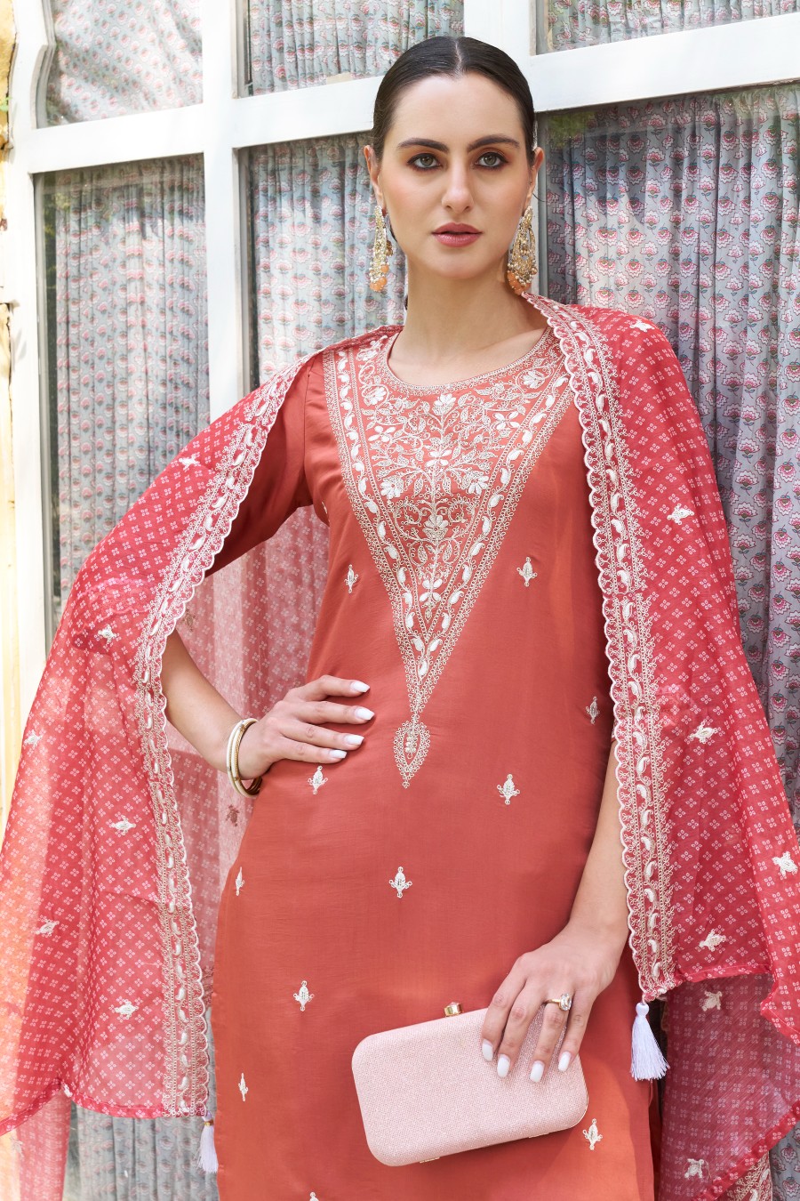 Peach Silk Blend Designer Embroidered Readymade Suit