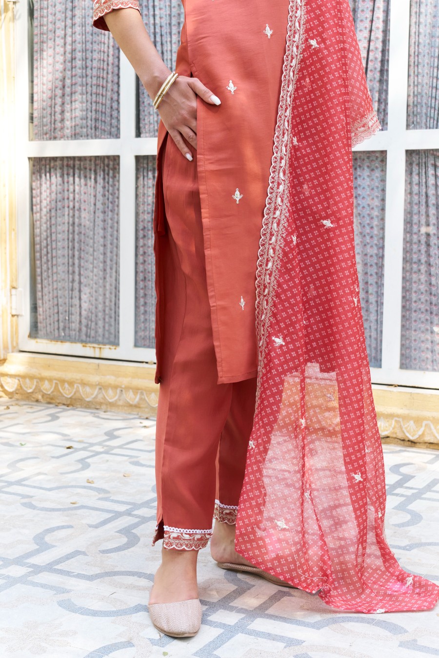 Peach Silk Blend Designer Embroidered Readymade Suit