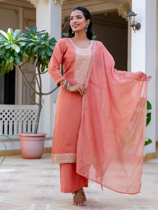 Peach Silk Blend Readymade Suits