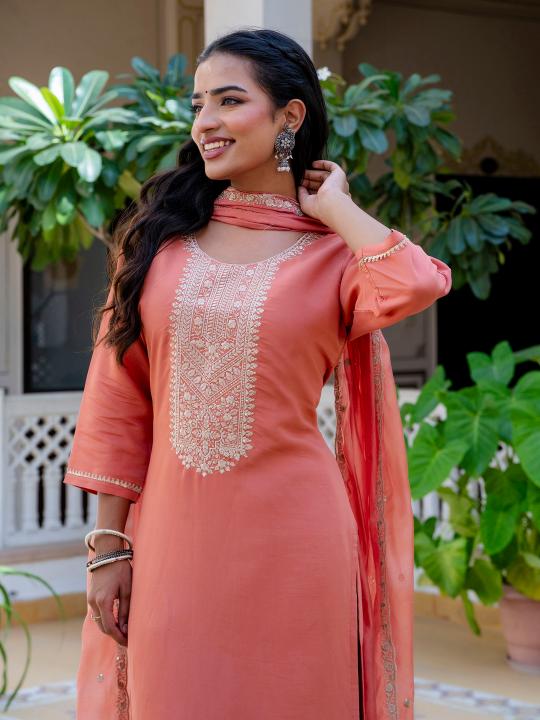 Peach Silk Blend Readymade Suits