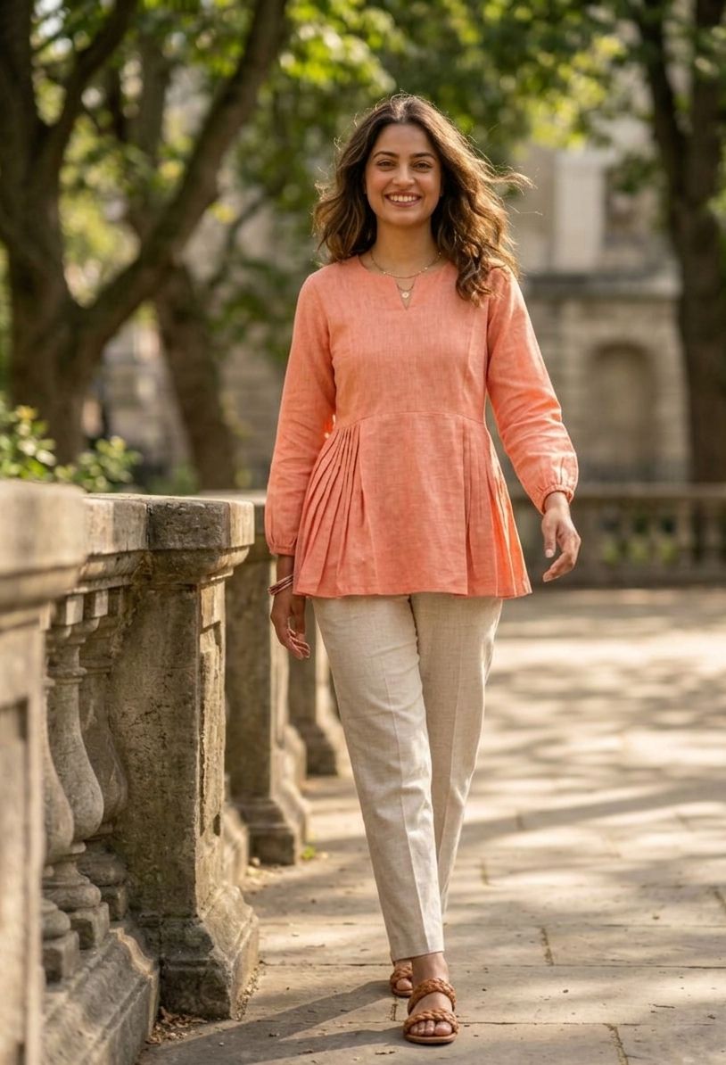 Peach Solid Linen Cotton Designer Co-Ord Set