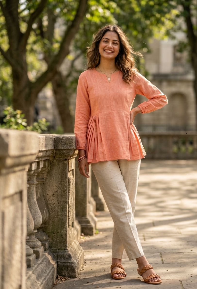 Peach Solid Linen Cotton Designer Co-Ord Set
