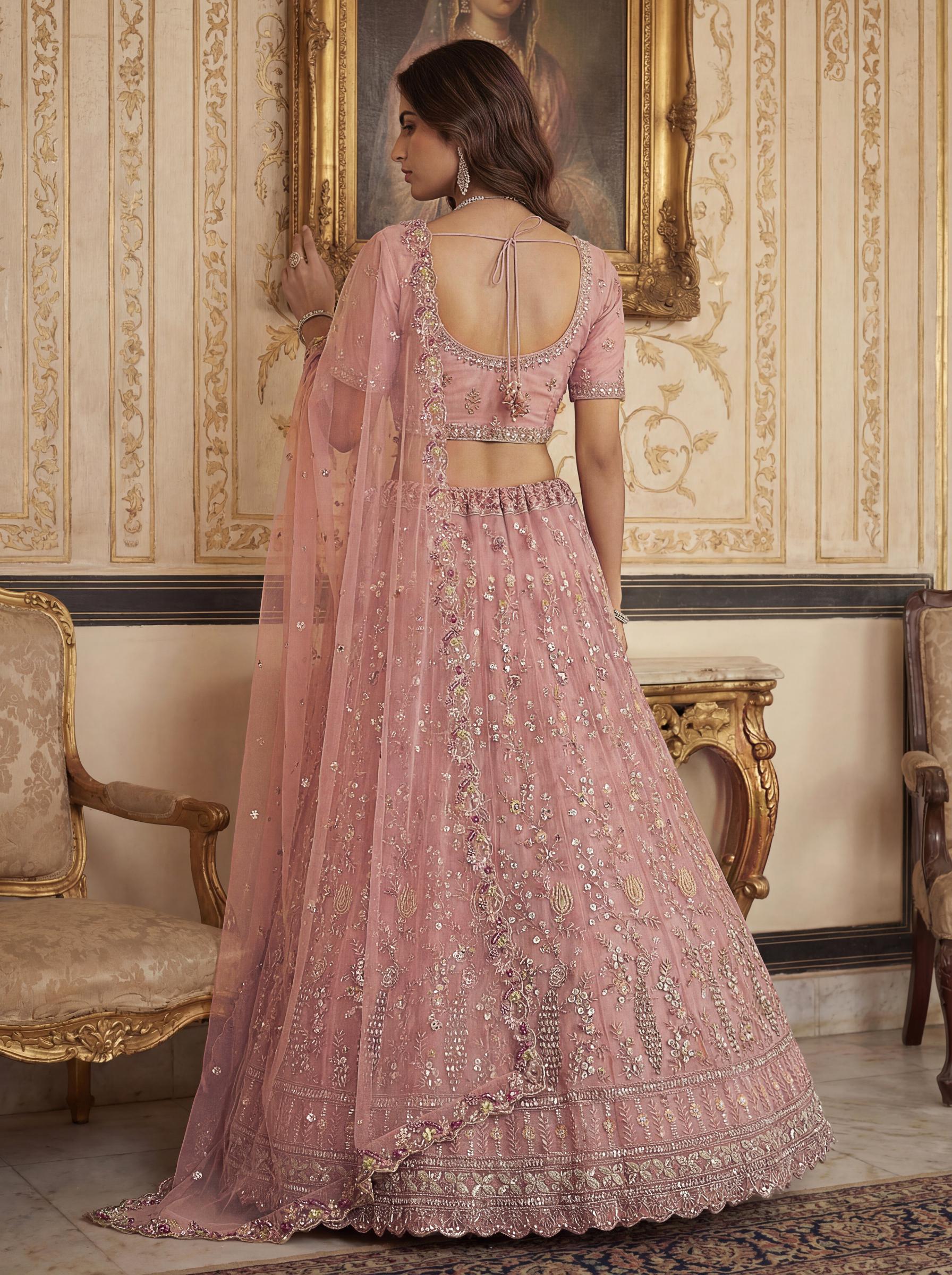 Peach Stone and Sequins Net Embroidered Lehenga Choli — alternate view