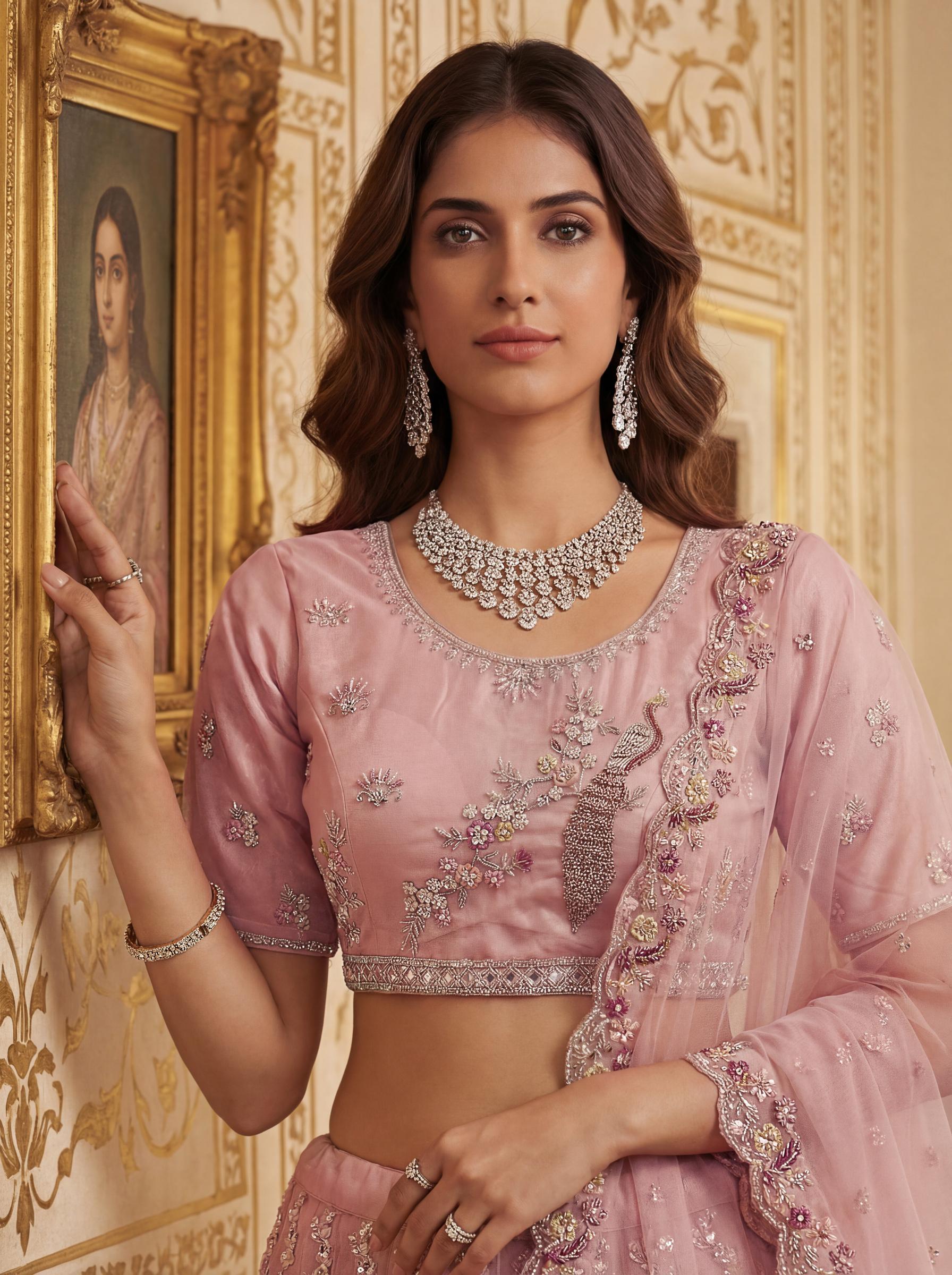 Peach Stone and Sequins Net Embroidered Lehenga Choli