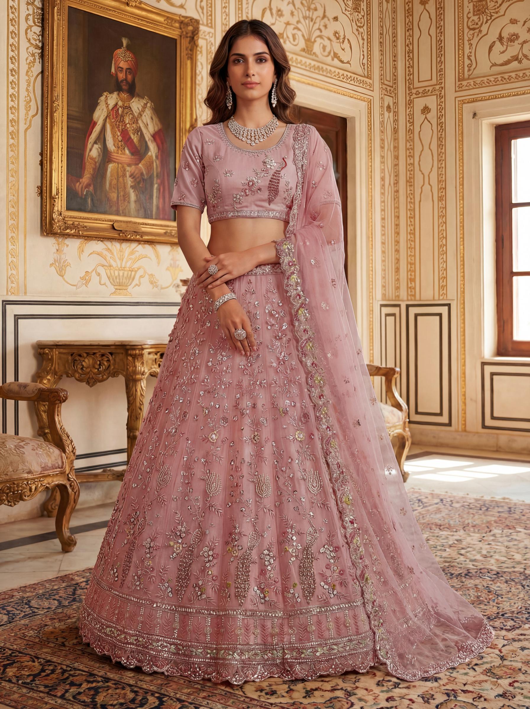 Peach Stone and Sequins Net Embroidered Lehenga Choli
