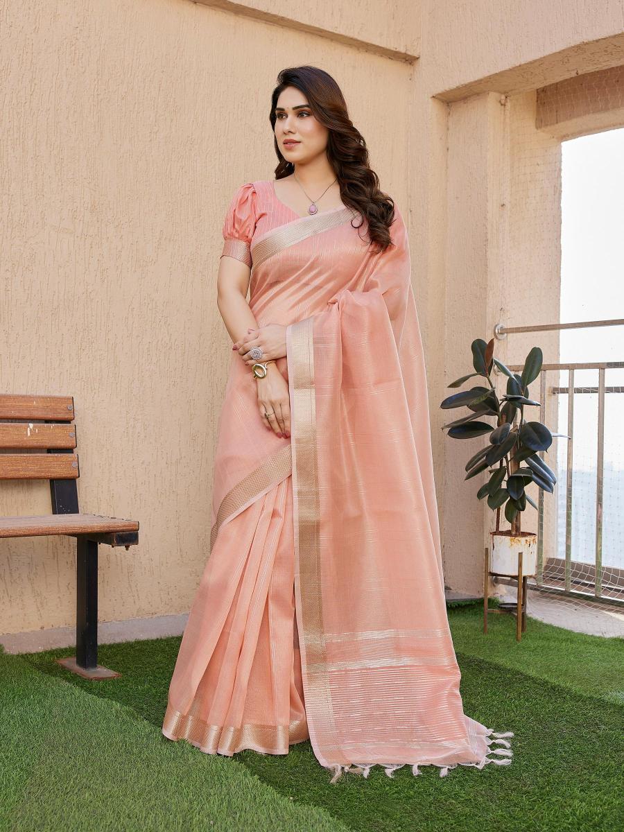 Peach Tissue Linen Silk Zari Saree