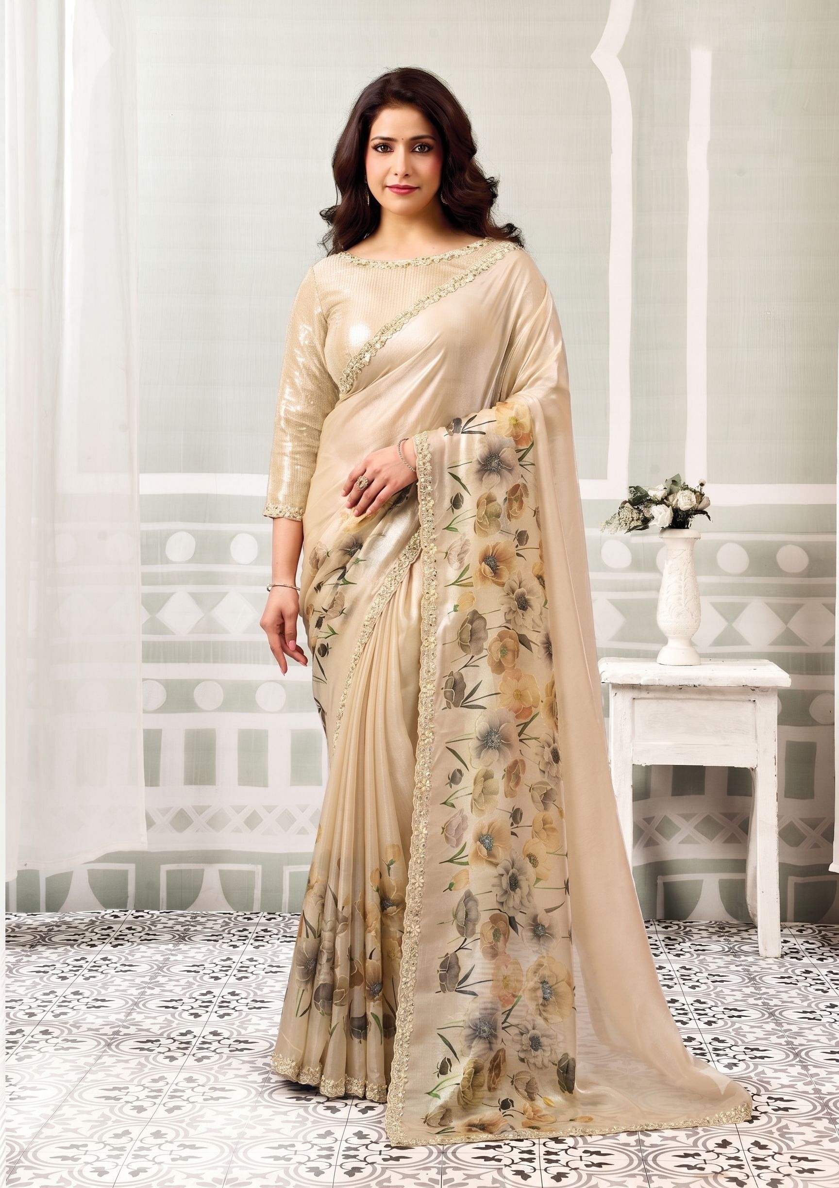 Peach Two Tone Satin Silk Embroidered Saree