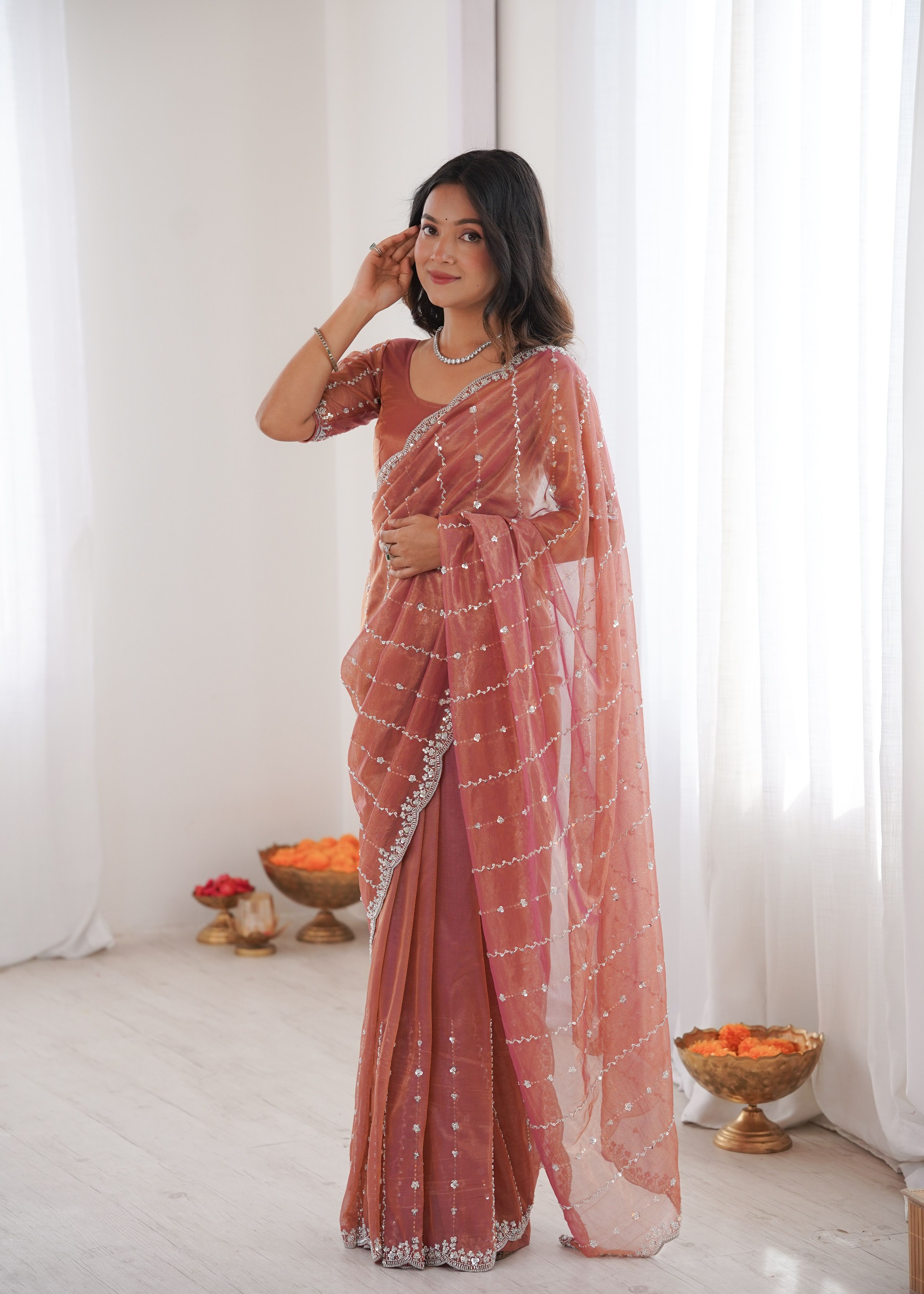 Peach Two Tone Sequin N Cut Dana Work Twill Net Saree