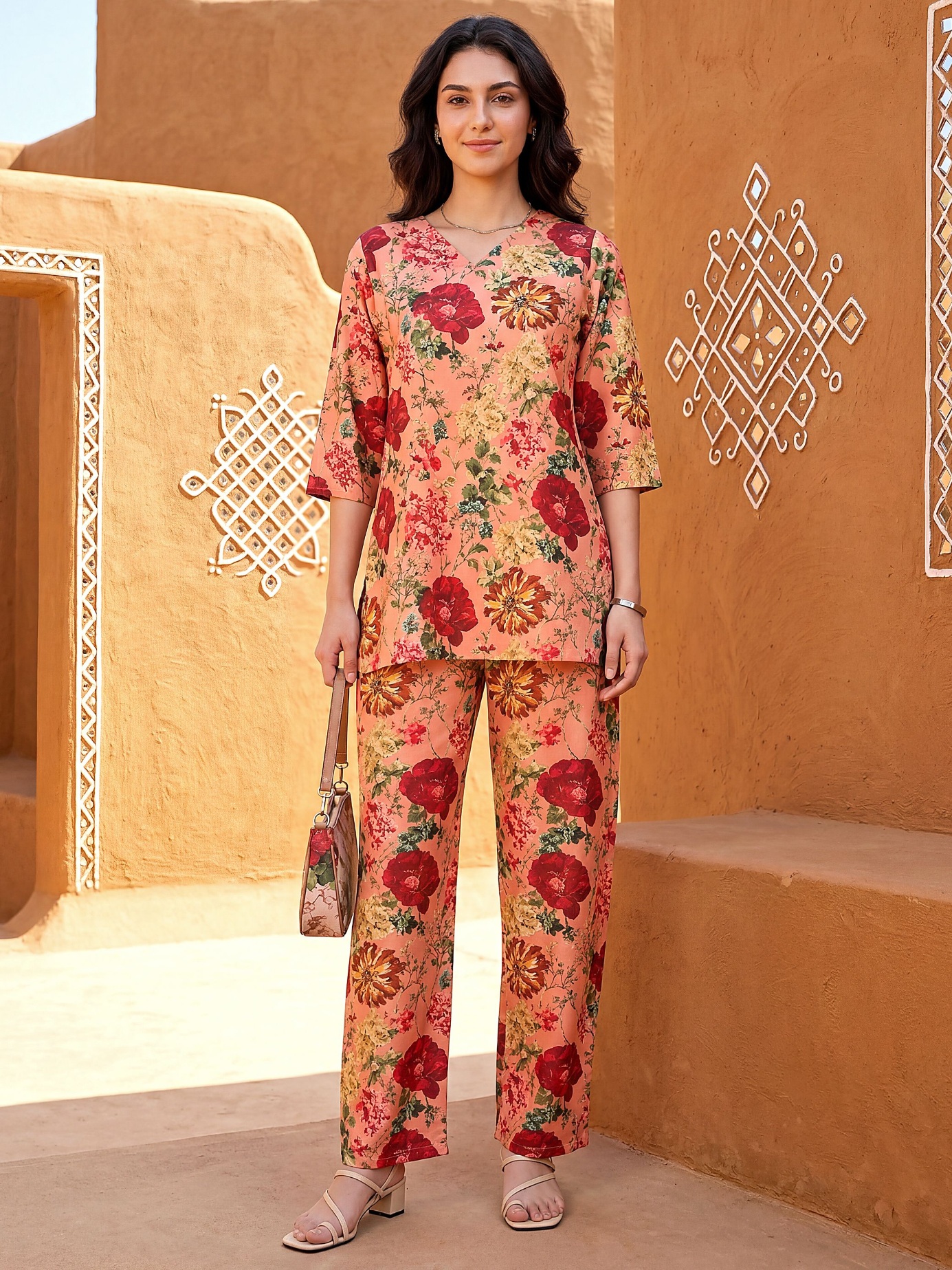 Peach Vintage Floral Digital Print Rayon Blend Co-Ord Set