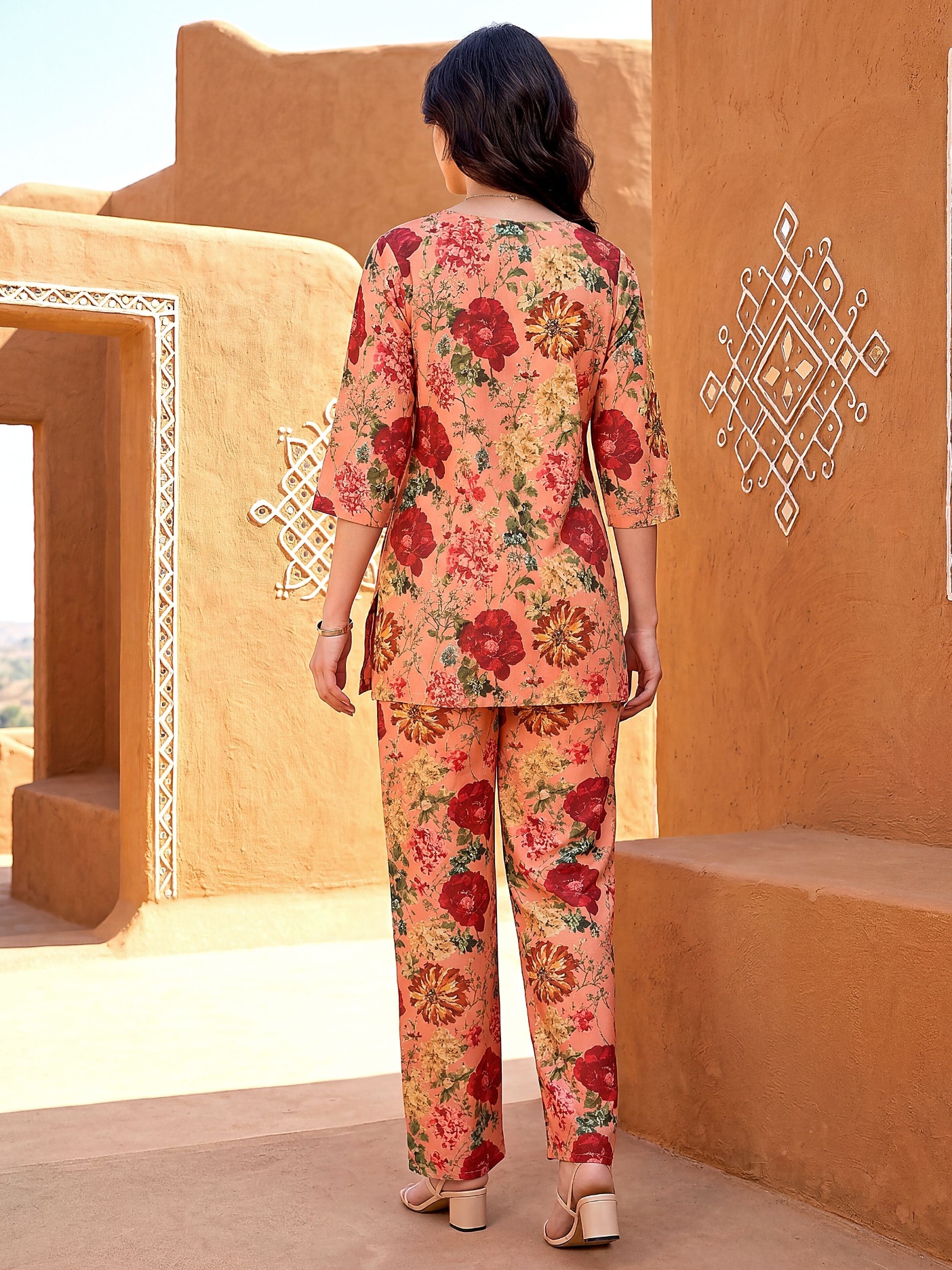 Peach Vintage Floral Digital Print Rayon Blend Co-Ord Set — alternate view