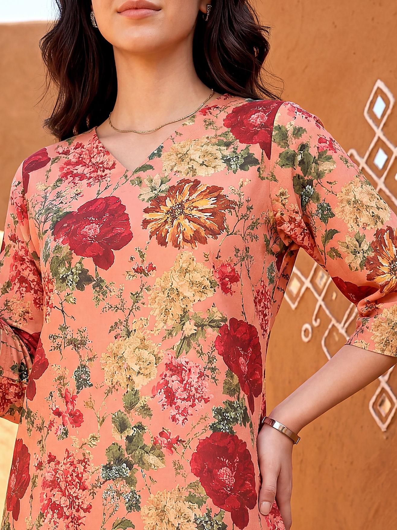 Peach Vintage Floral Digital Print Rayon Blend Co-Ord Set
