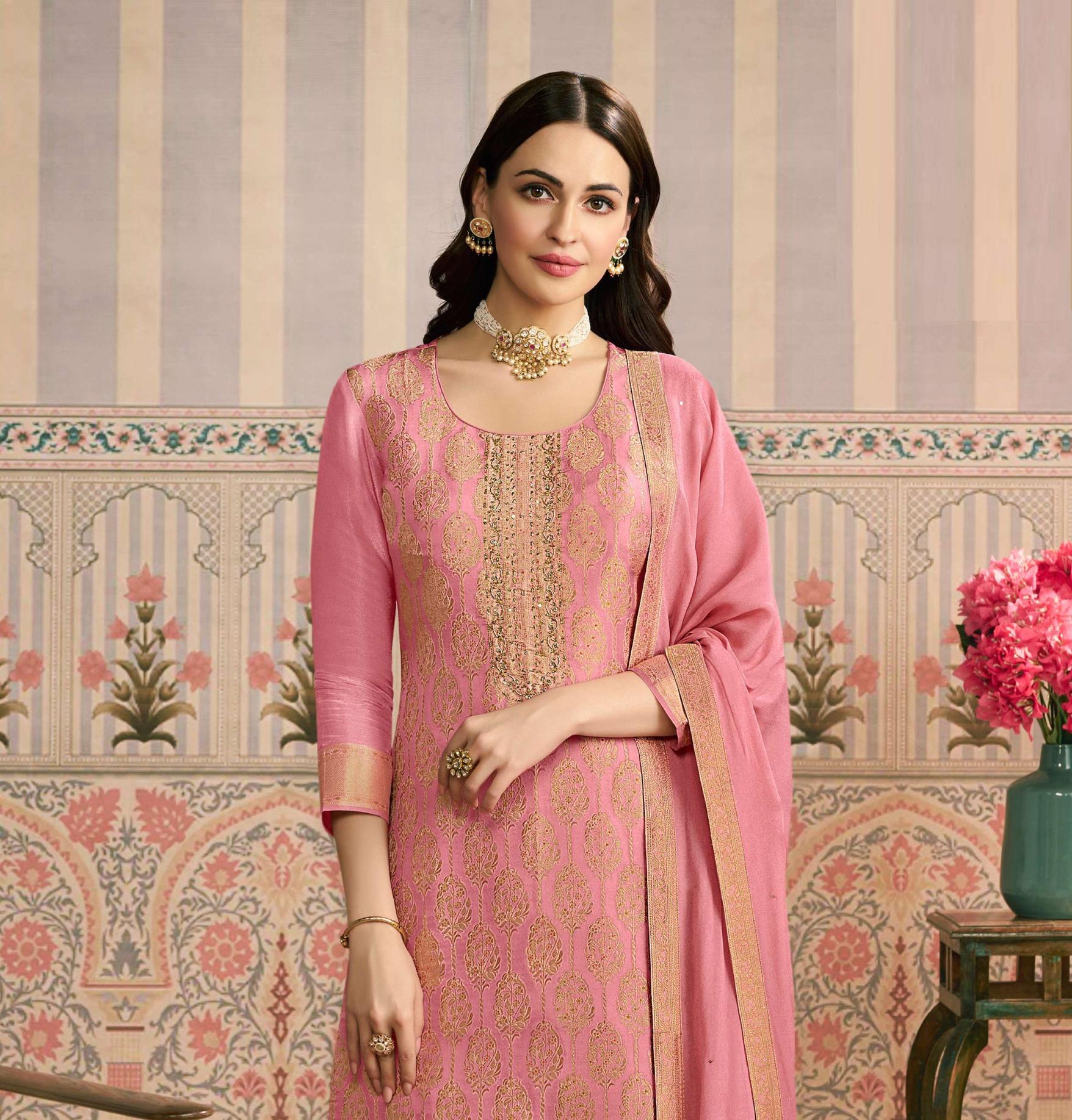 Peach Viscose Jacquard Salwar Suit