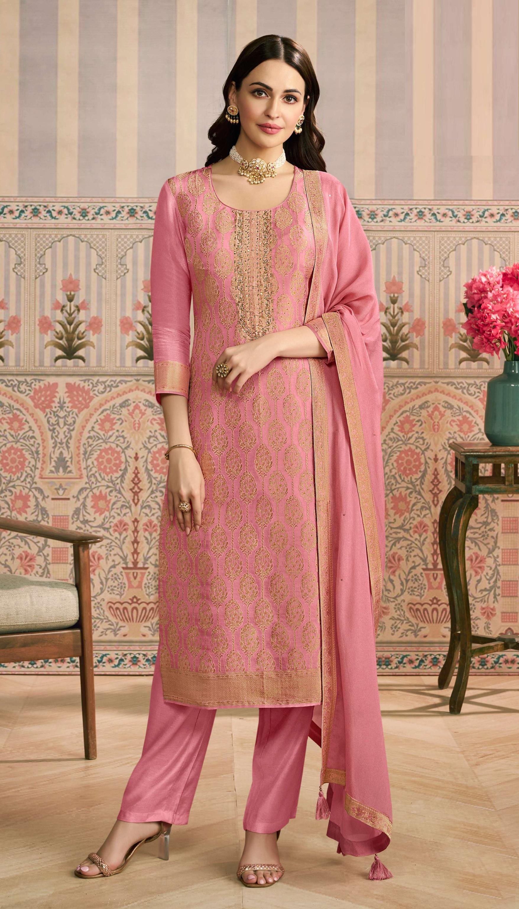 Peach Viscose Jacquard Salwar Suit