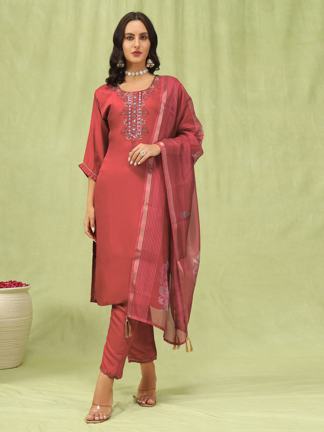 Peach Viscose Roman Silk Embroidered Salwar Suit