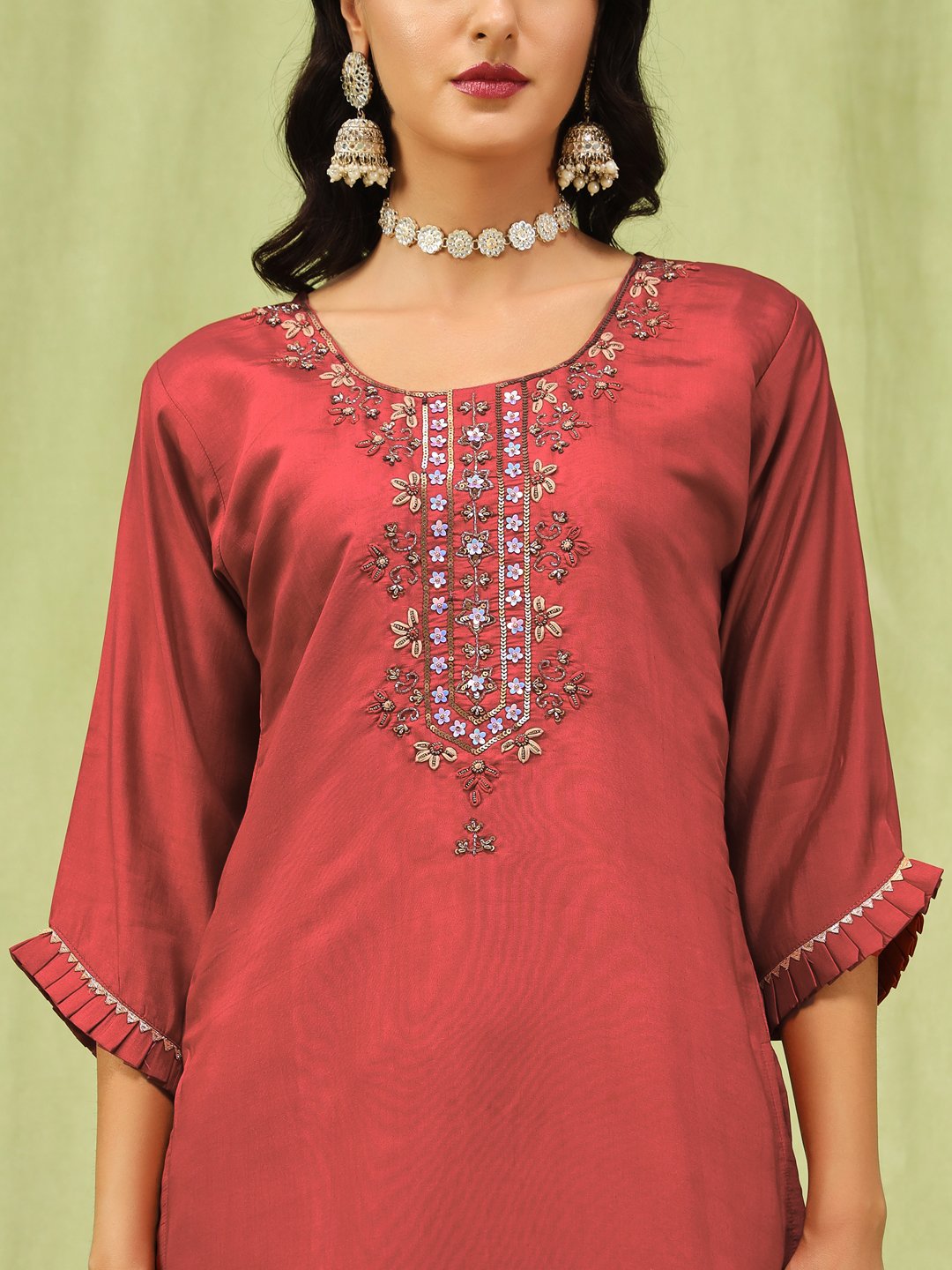 Peach Viscose Roman Silk Embroidered Salwar Suit
