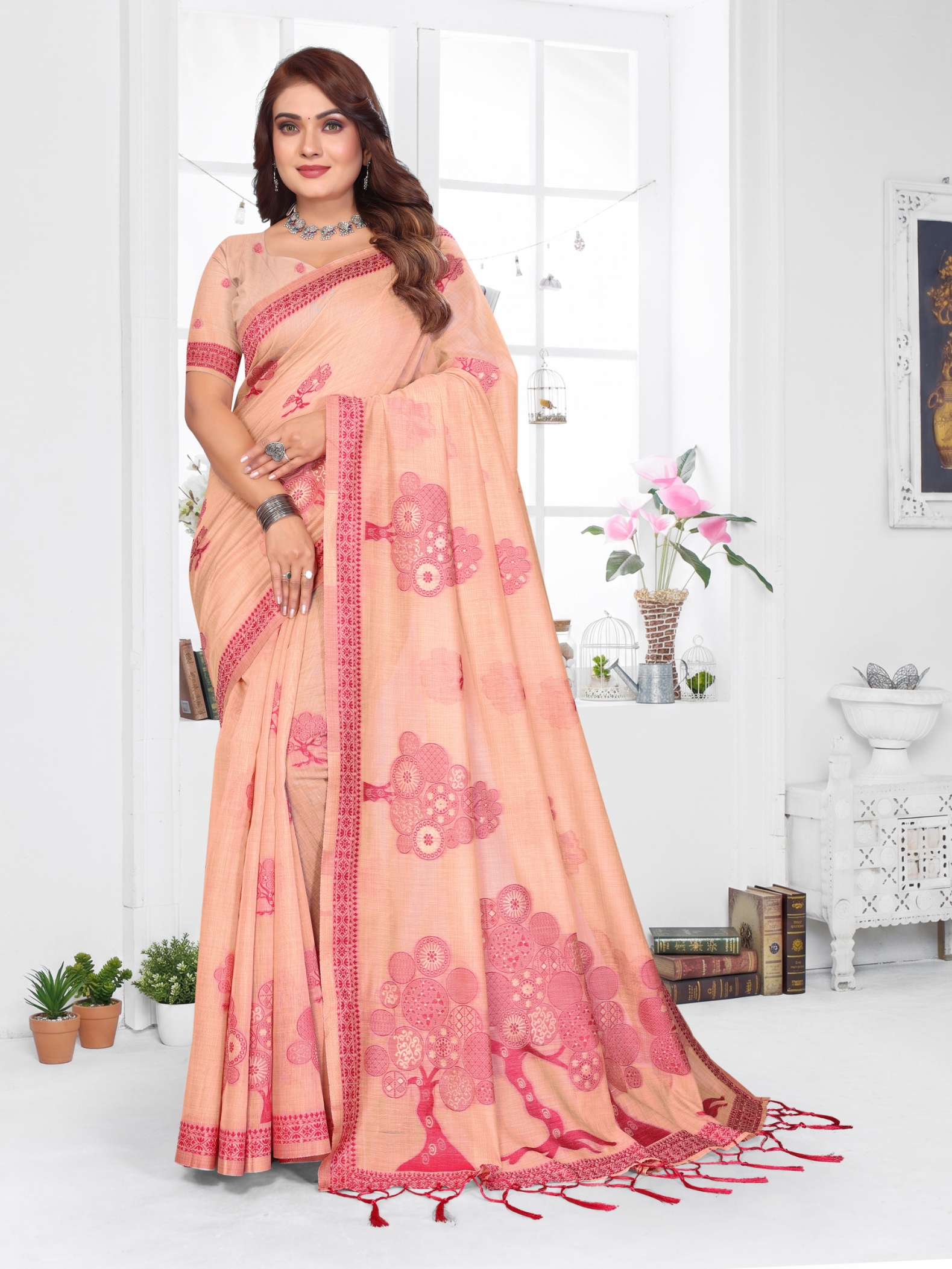 Peach Weaving Designer Spun Cotton Saree