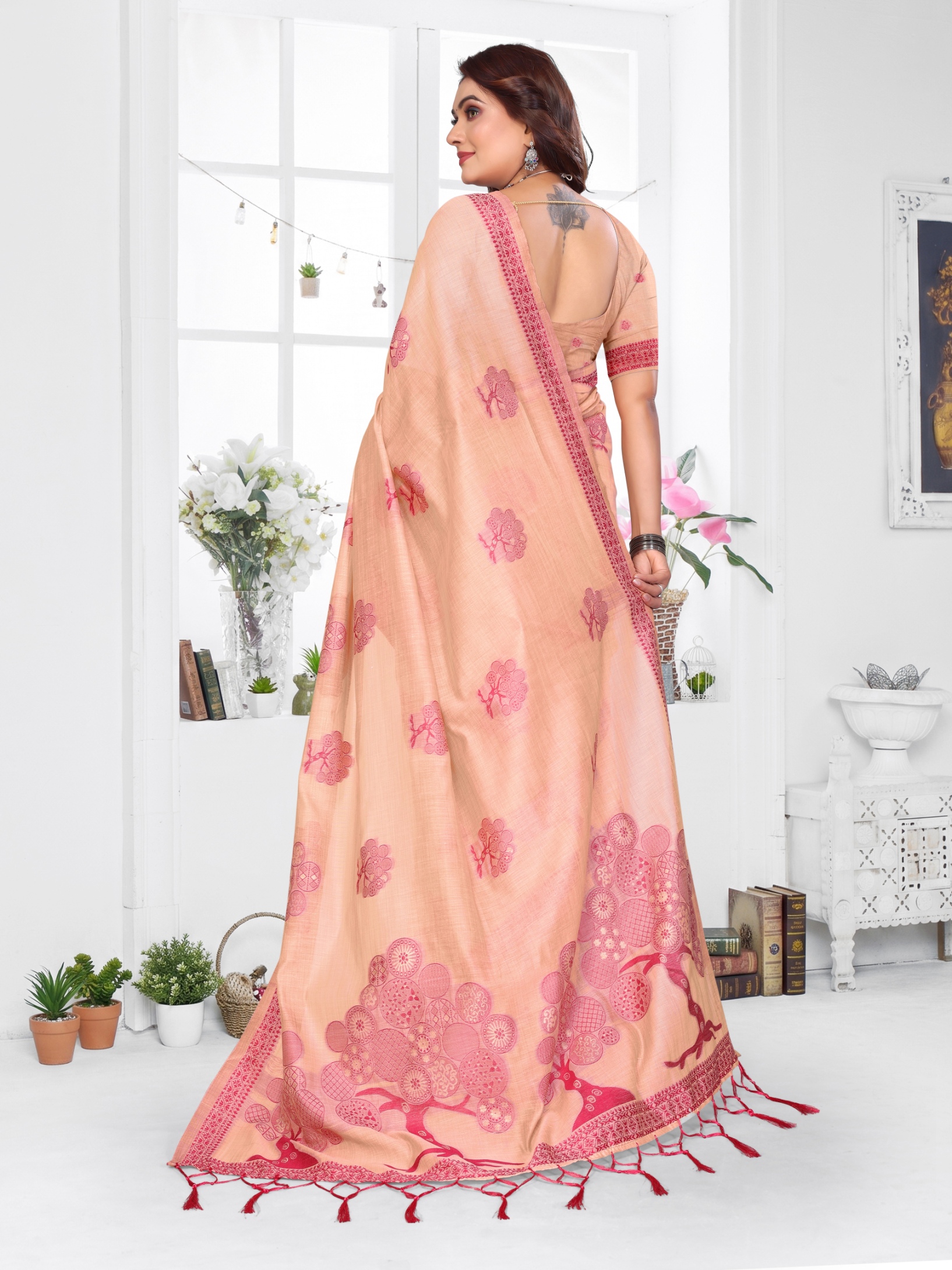Peach Weaving Designer Spun Cotton Saree — alternate view