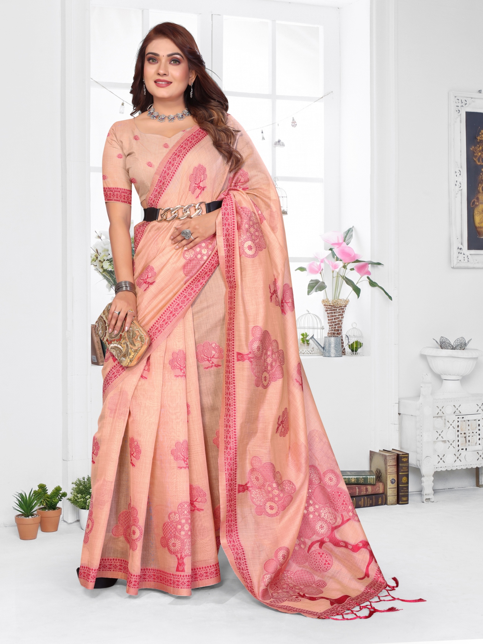 Peach Weaving Designer Spun Cotton Saree