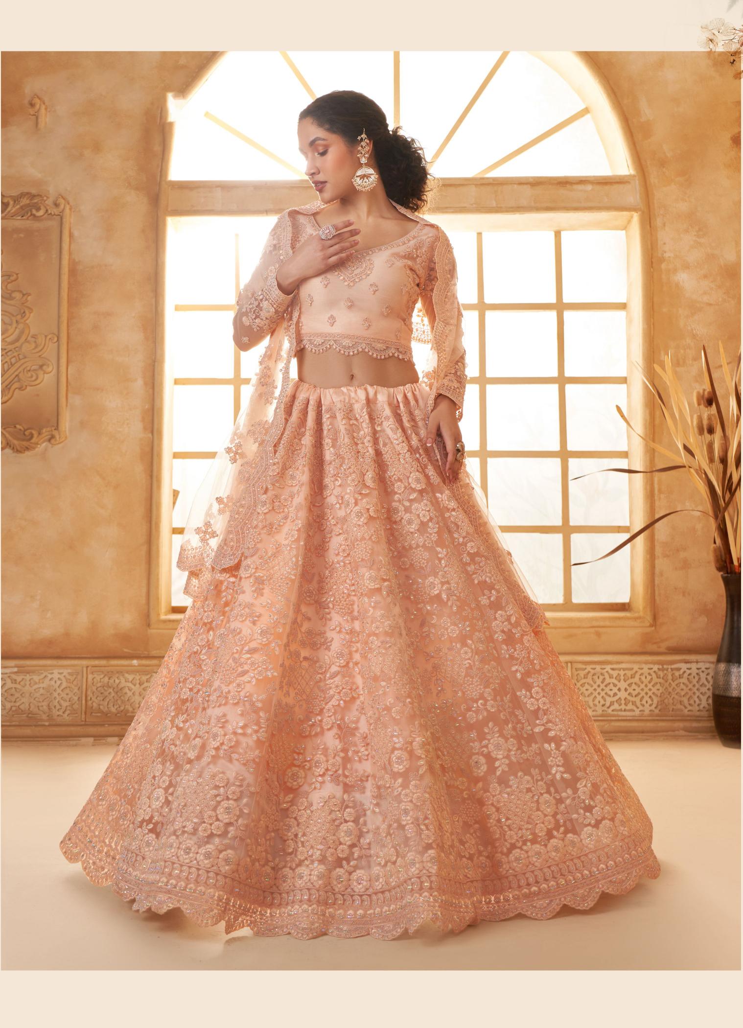 Peach Wedding Soft Net Lehenga