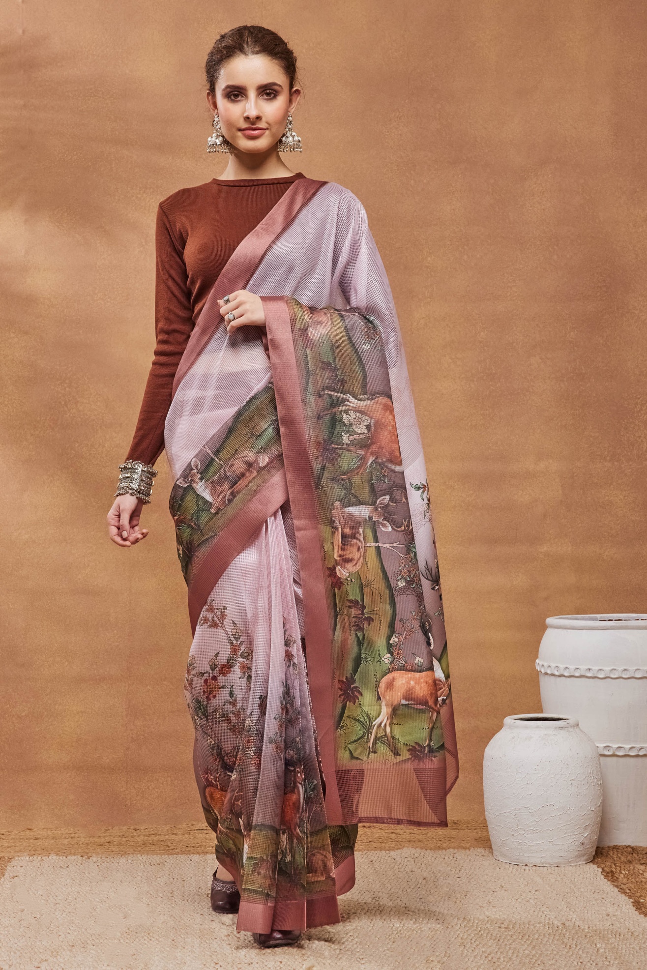 Peach Wildlife Printed Silk Blend Ready To Wear Saree