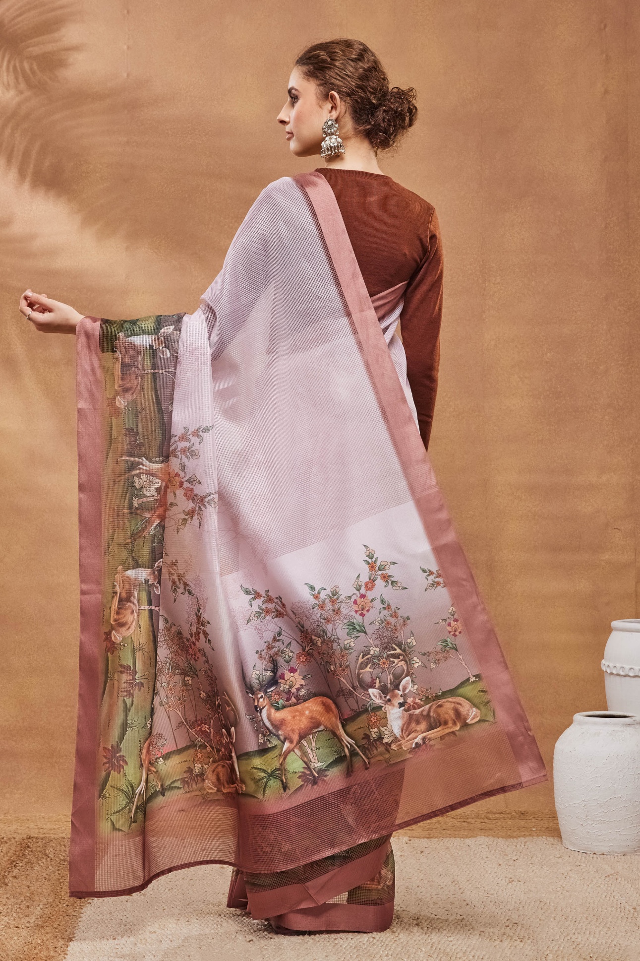 Peach Wildlife Printed Silk Blend Ready To Wear Saree — alternate view