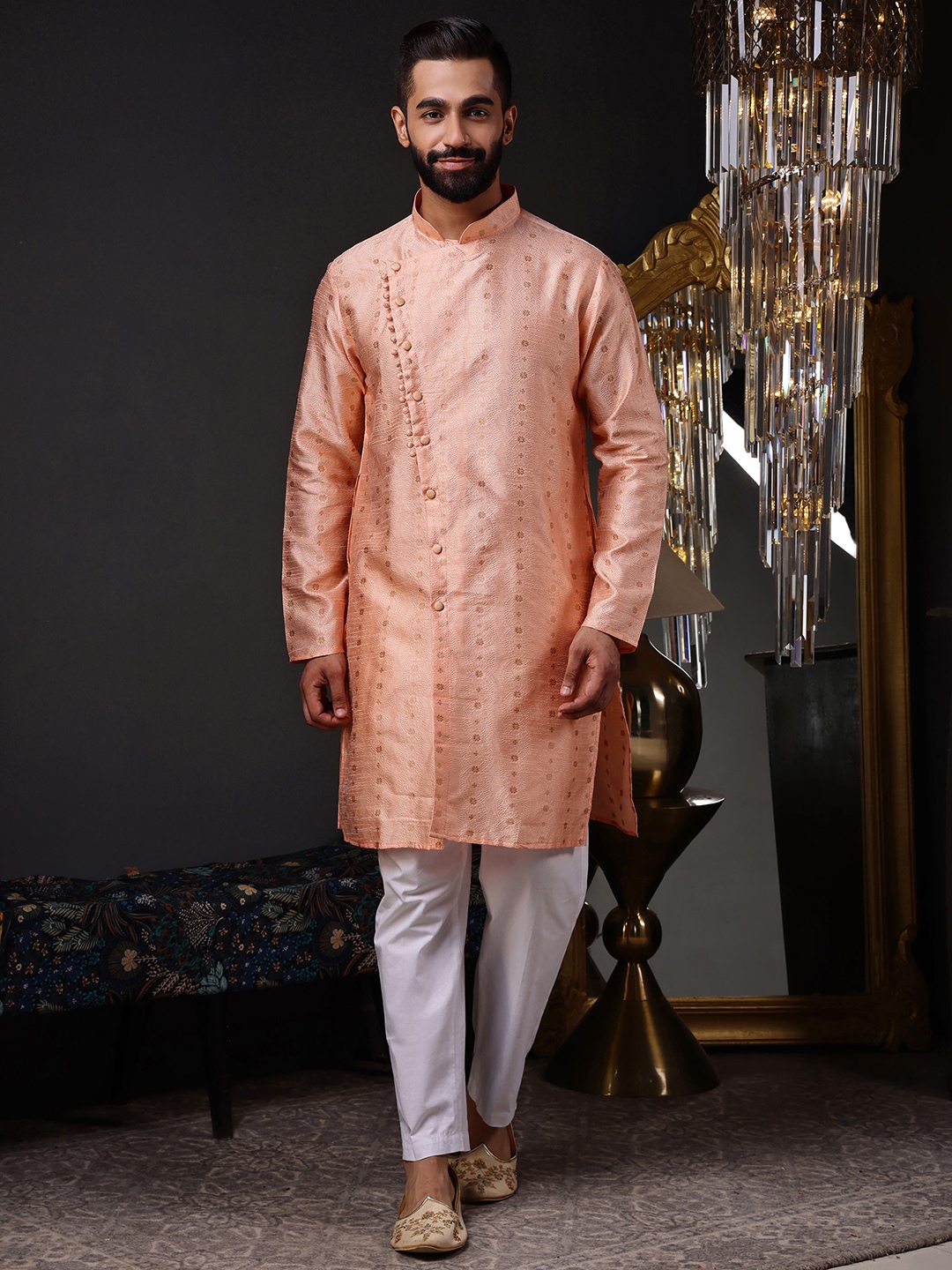 Peach Woven Silk Blend Kurta Pyjama