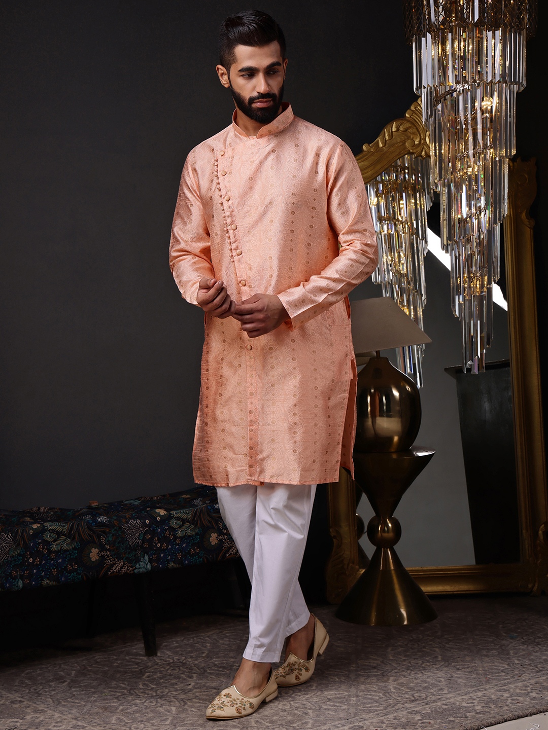 Peach Woven Silk Blend Kurta Pyjama