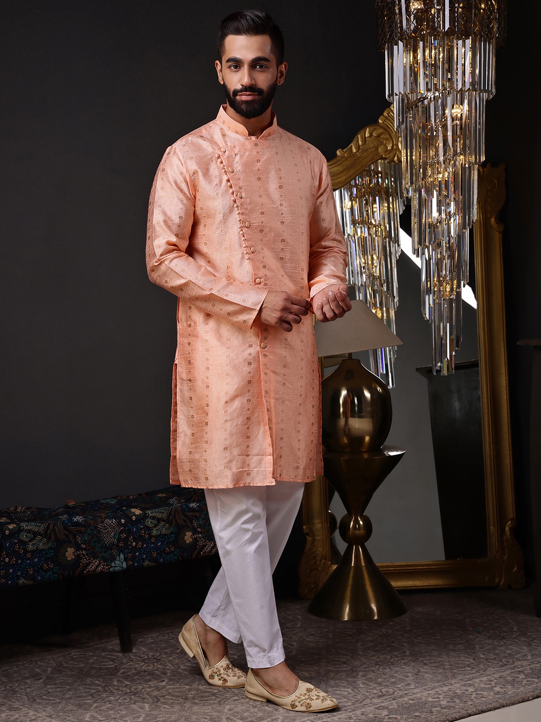 Peach Woven Silk Blend Kurta Pyjama