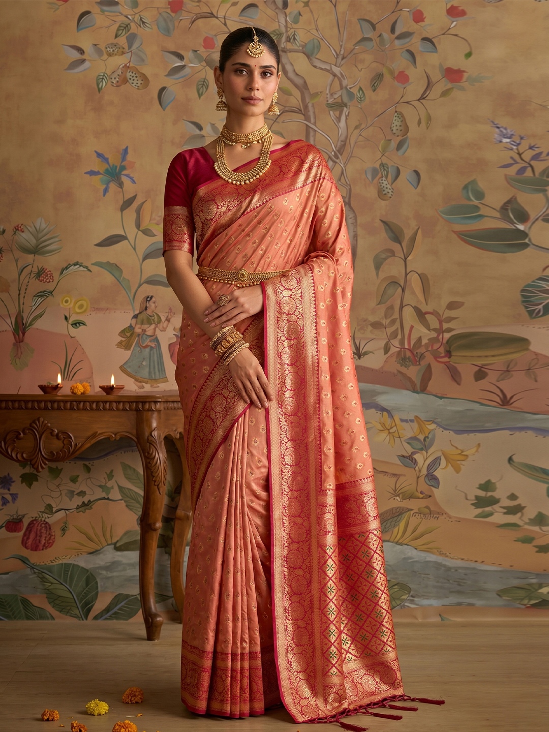 Peach Woven Zari Designer Silk Saree