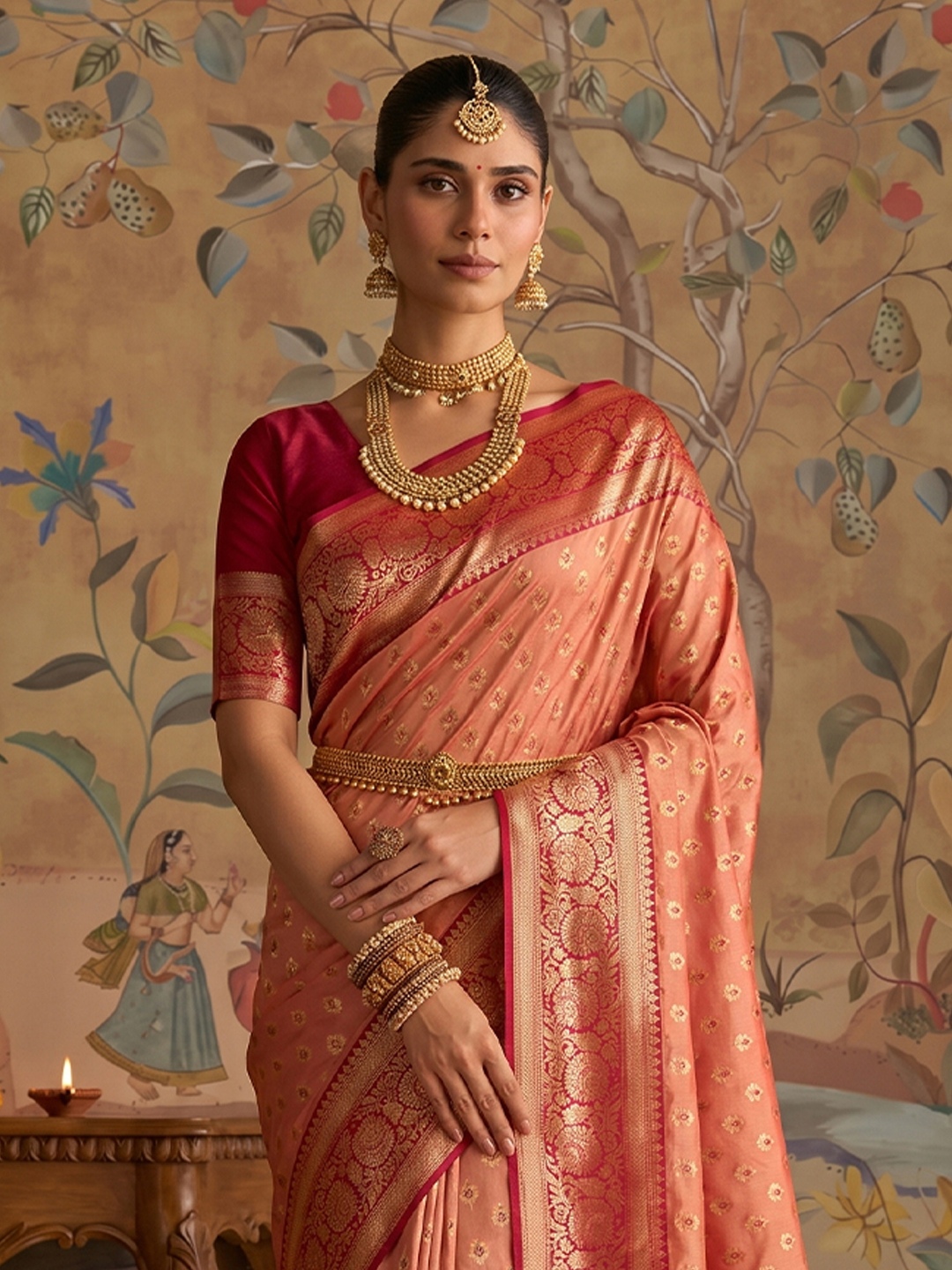 Peach Woven Zari Designer Silk Saree — alternate view