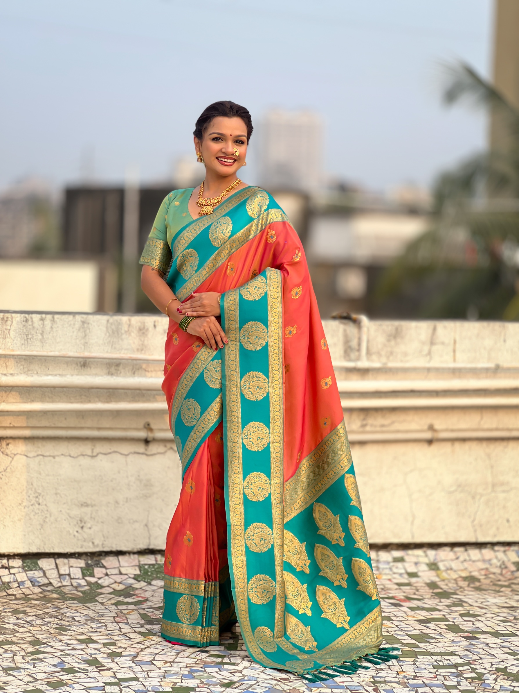 Peach Zari Woven Soft Silk Elegant Saree
