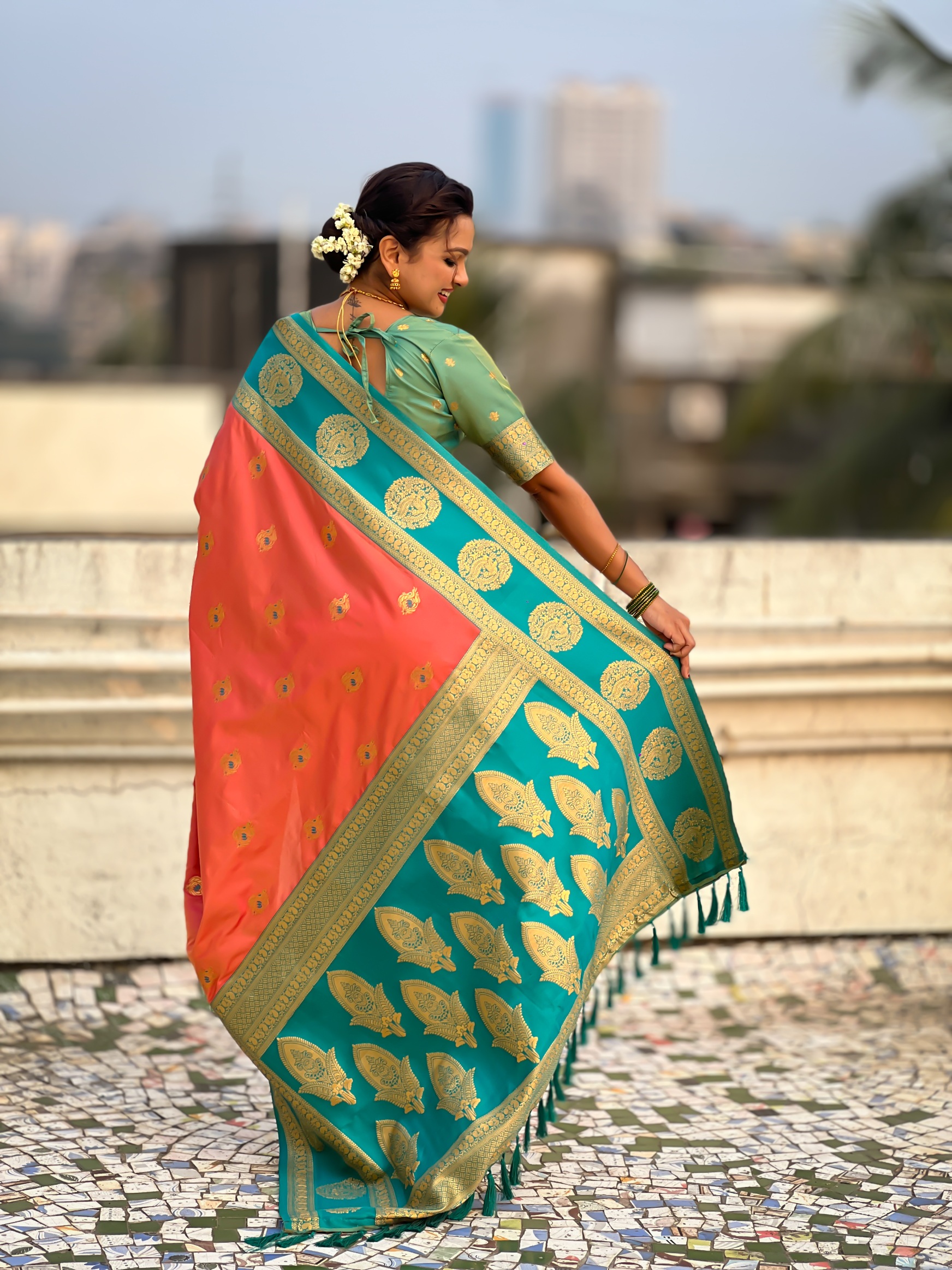 Peach Zari Woven Soft Silk Elegant Saree — alternate view