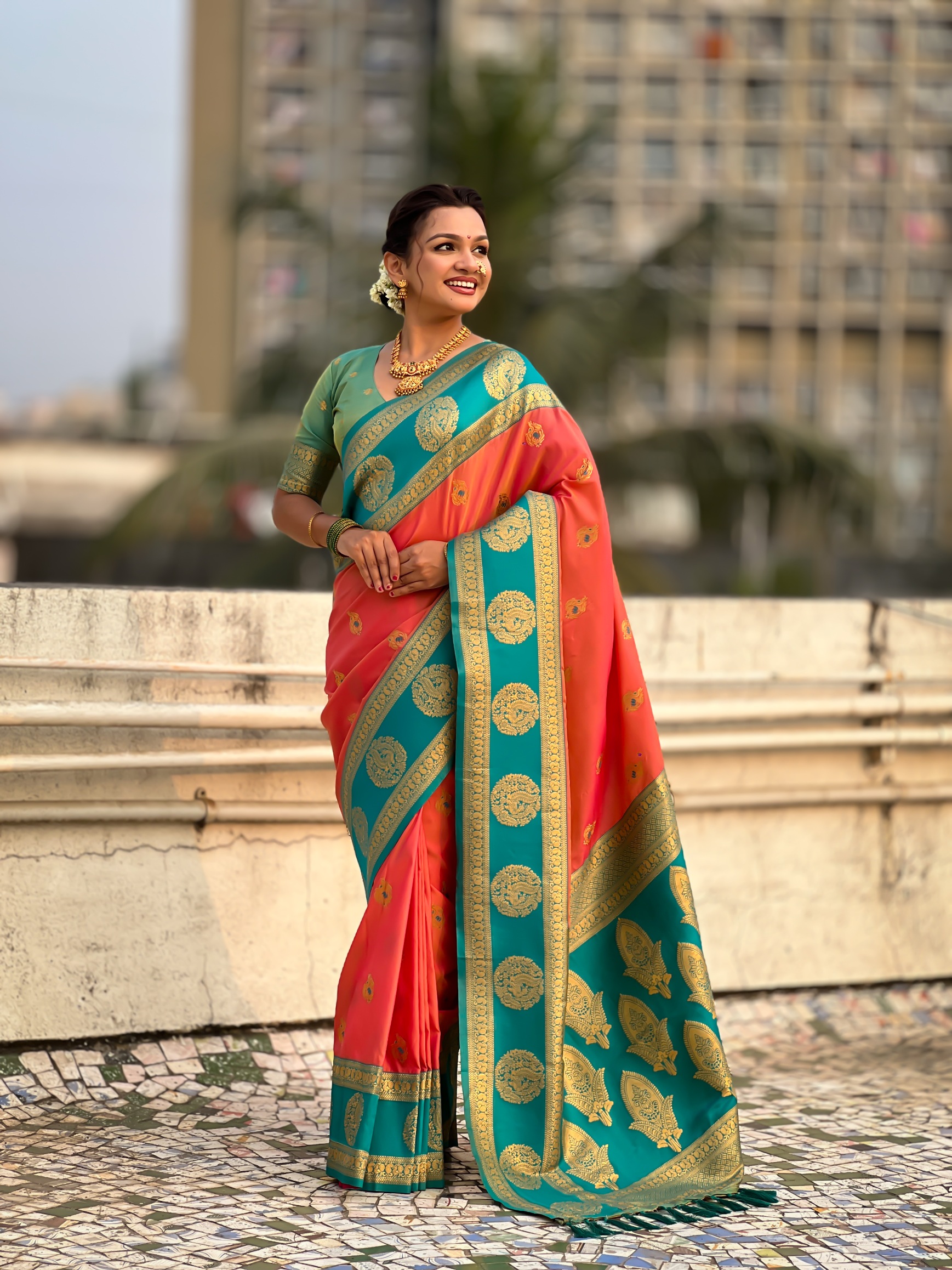 Peach Zari Woven Soft Silk Elegant Saree