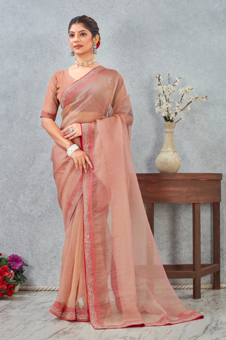Peach Zircon Border Soft Silk Saree