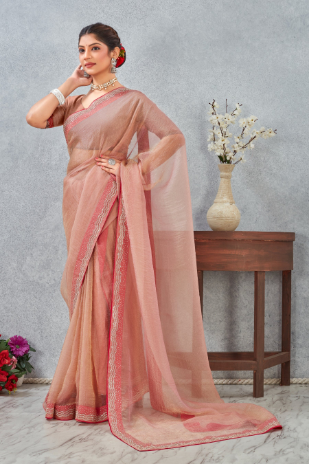 Peach Zircon Border Soft Silk Saree
