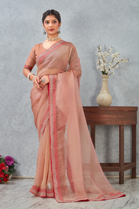 Peach Zircon Border Soft Silk Saree